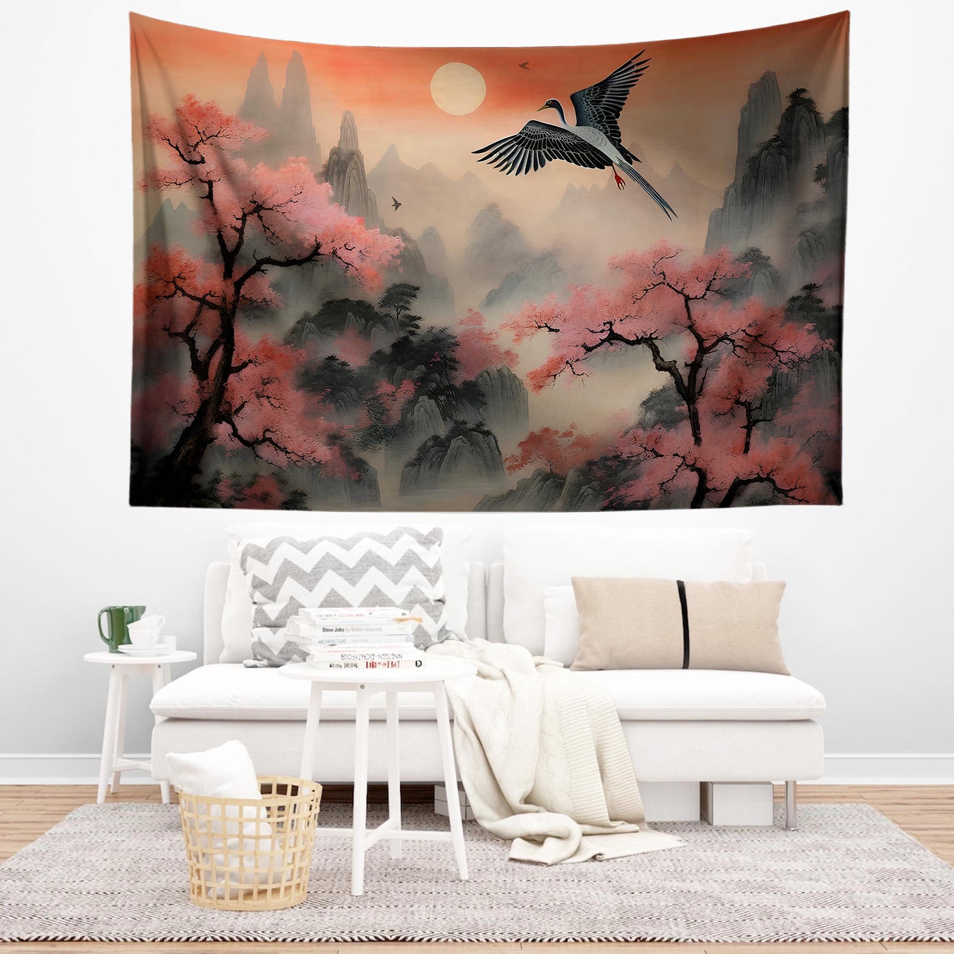 Japanese Art Landscape Tapestry, Nature Tapestry Wall Hanging, Sunset Tapestry, Mountain Forest Landscape Tapestries for Living Room Decor