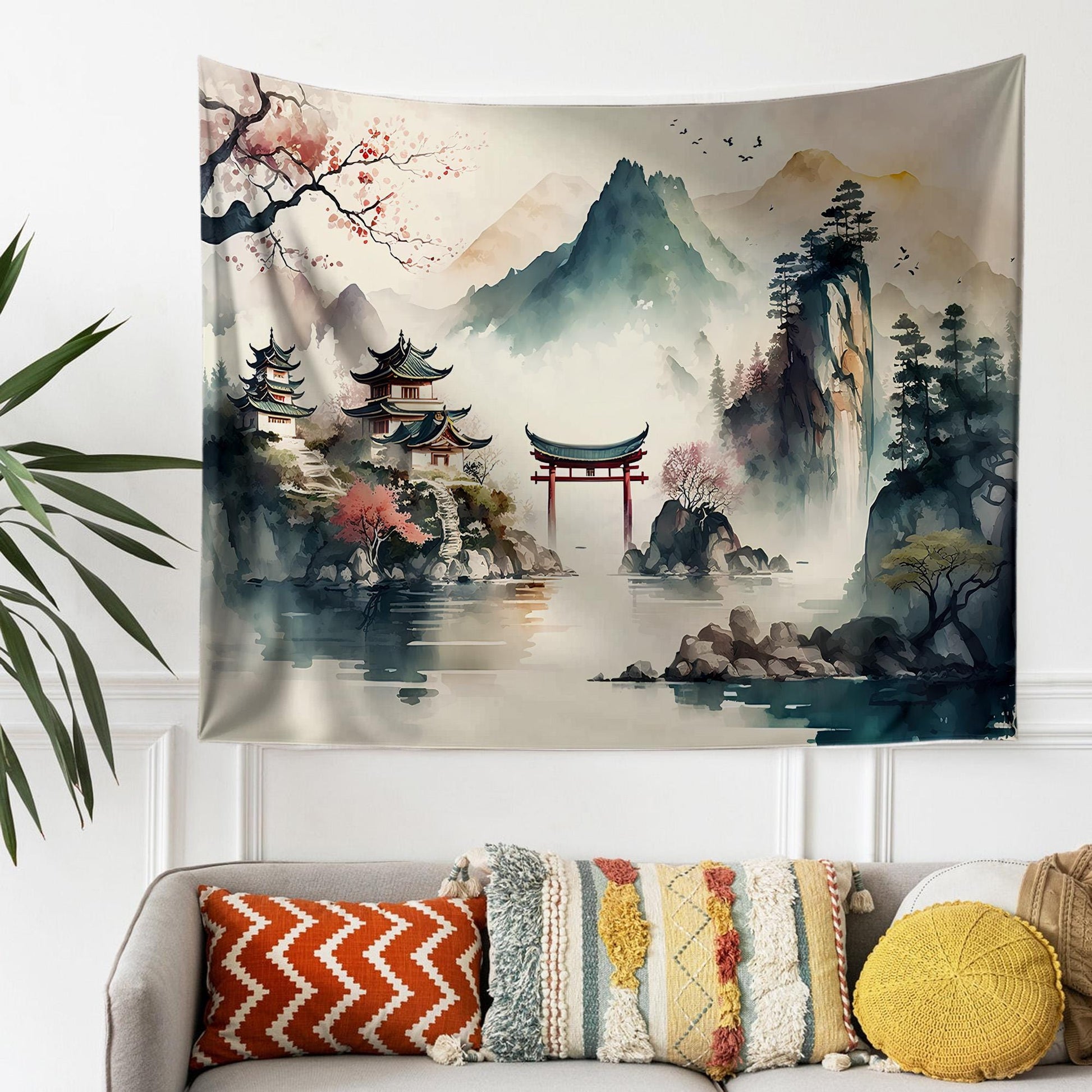 Japanese Watercolor Landscape Tapestry – Tranquil Mountain Forest Historic Houses Wall Art for Serene Home Decor
