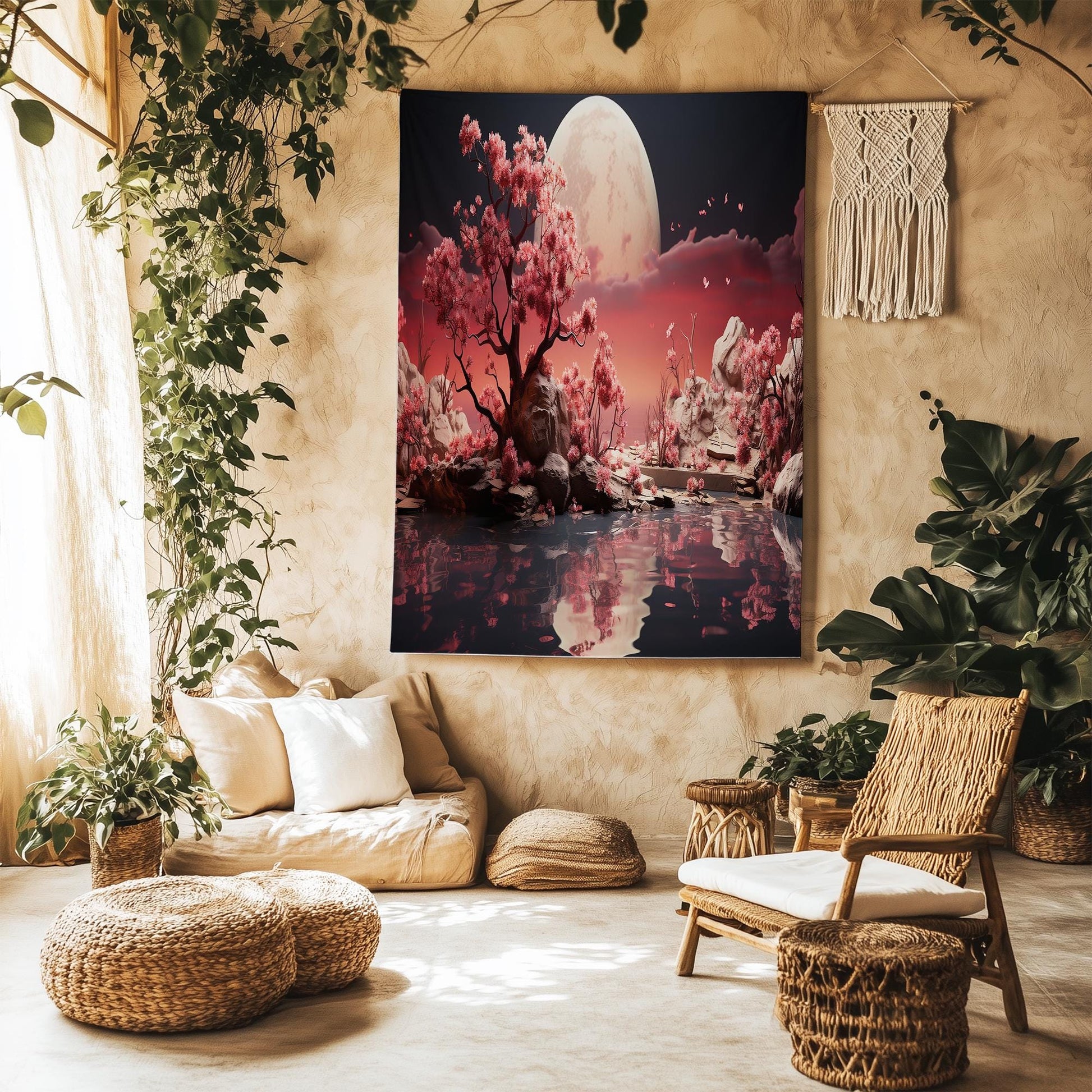 Japanese Art Landscape Tapestry, Nature Tapestry Wall Hanging, Moon Tapestry, Mountain Forest Landscape Tapestries for Living Room Decor