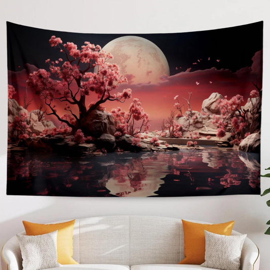Japanese Art Landscape Tapestry, Nature Tapestry Wall Hanging, Moon Tapestry, Mountain Forest Landscape Tapestries for Living Room Decor