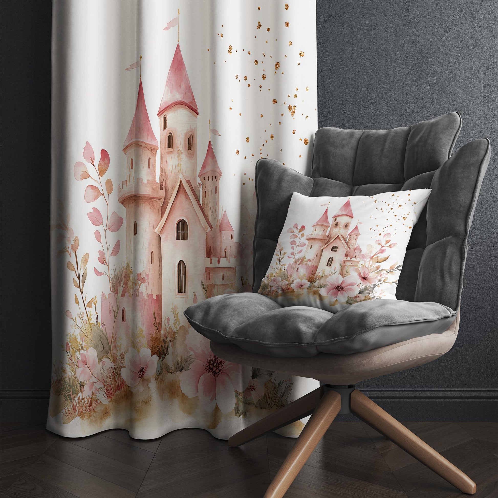 Pink Medieval Castle Girls Kids Curtains & Pillow Covers, Custom Nursery Drapes, Room Decor for Girls ’ Bedroom Window Treatment
