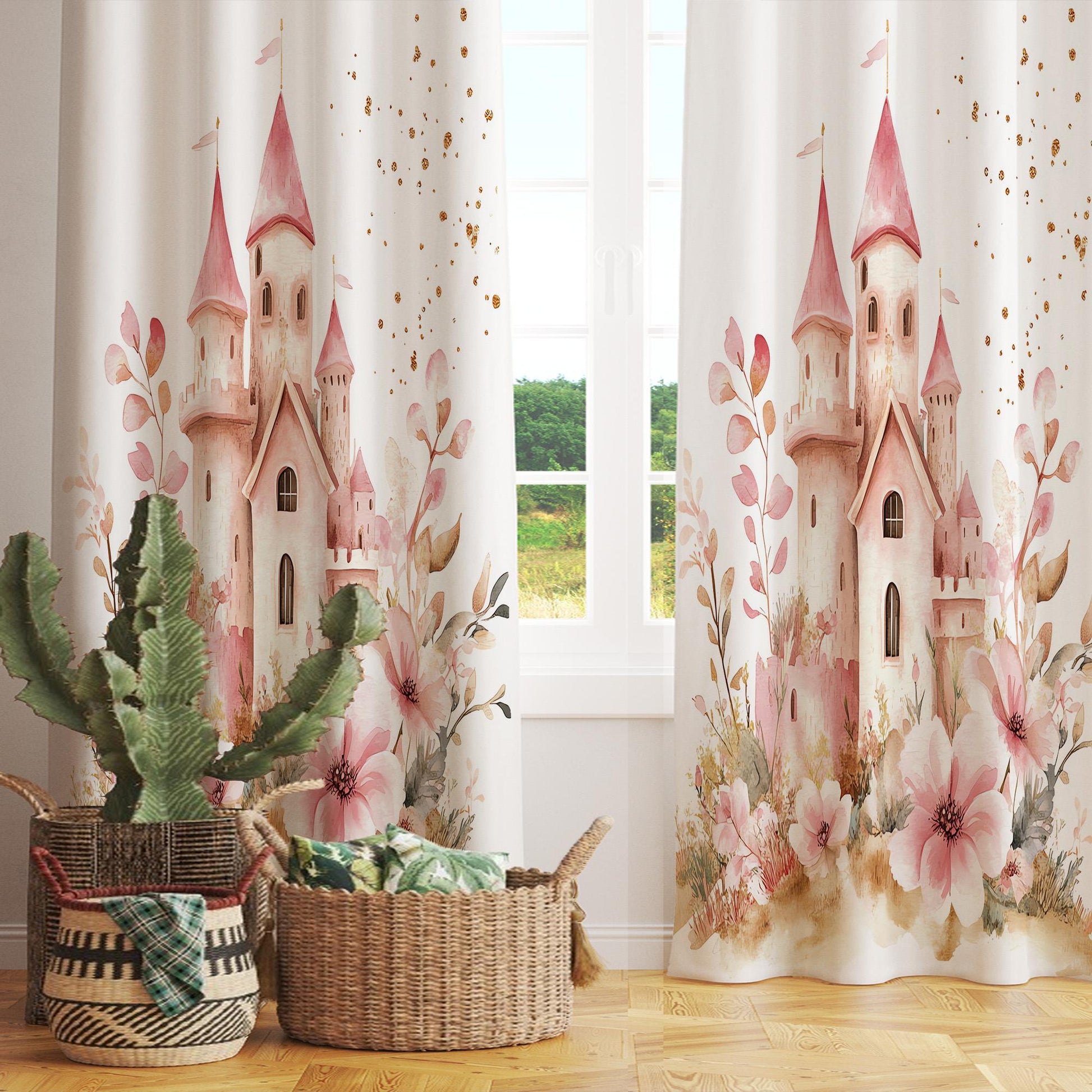 Pink Medieval Castle Girls Kids Curtains & Pillow Covers, Custom Nursery Drapes, Room Decor for Girls ’ Bedroom Window Treatment