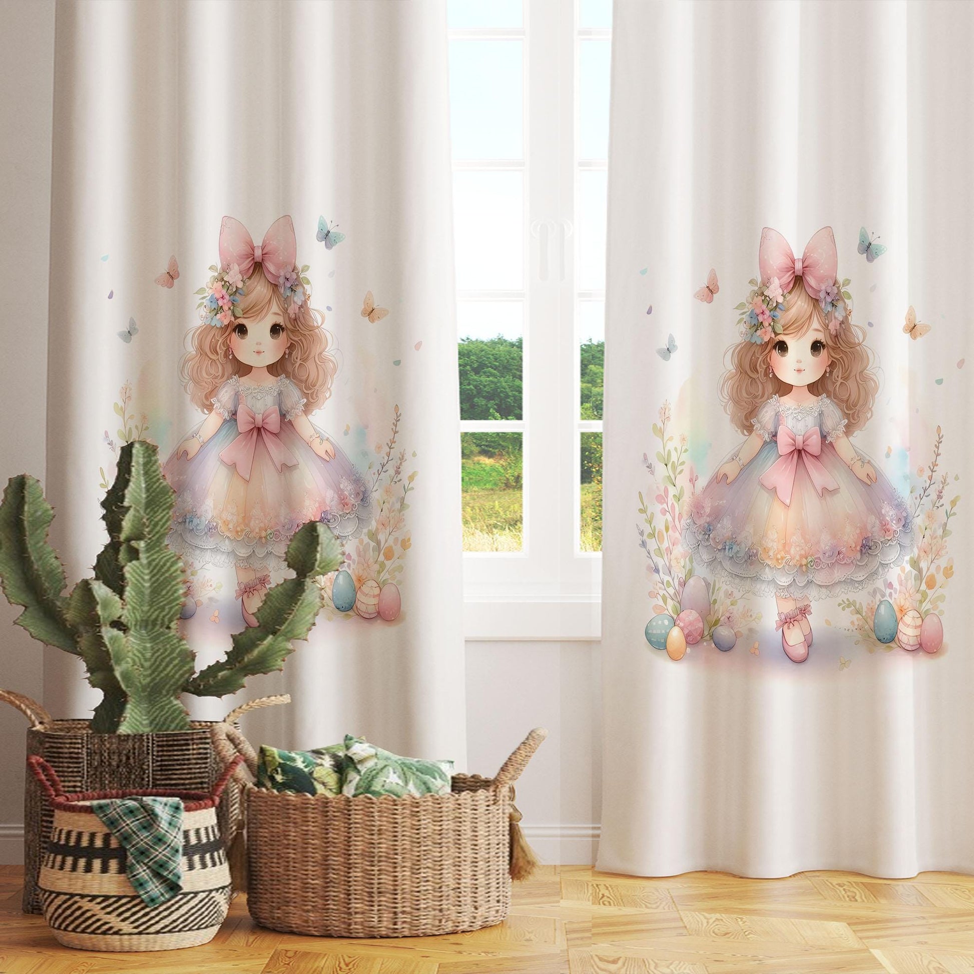 Cute Princess Girl Floral Kids Curtains & Pillow Covers, Custom Nursery Drapes, Room Decor for Girls ’ Bedroom Window Treatment