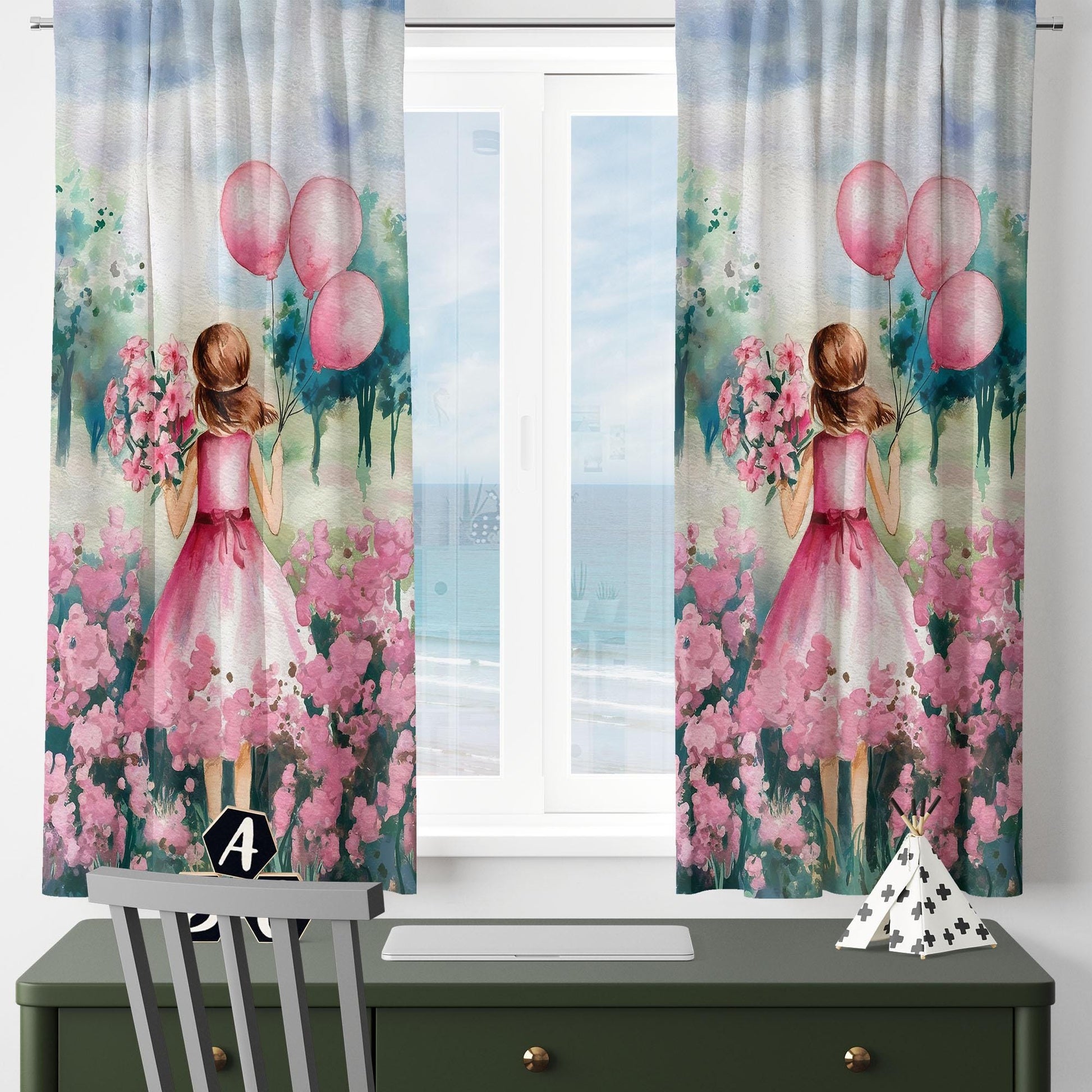 Pink Princess Floral Flowers Balloons Kids Curtains & Gift Pillow Covers, Custom Nursery Drapes, Girls’ Bedroom Window Treatment Room Decor