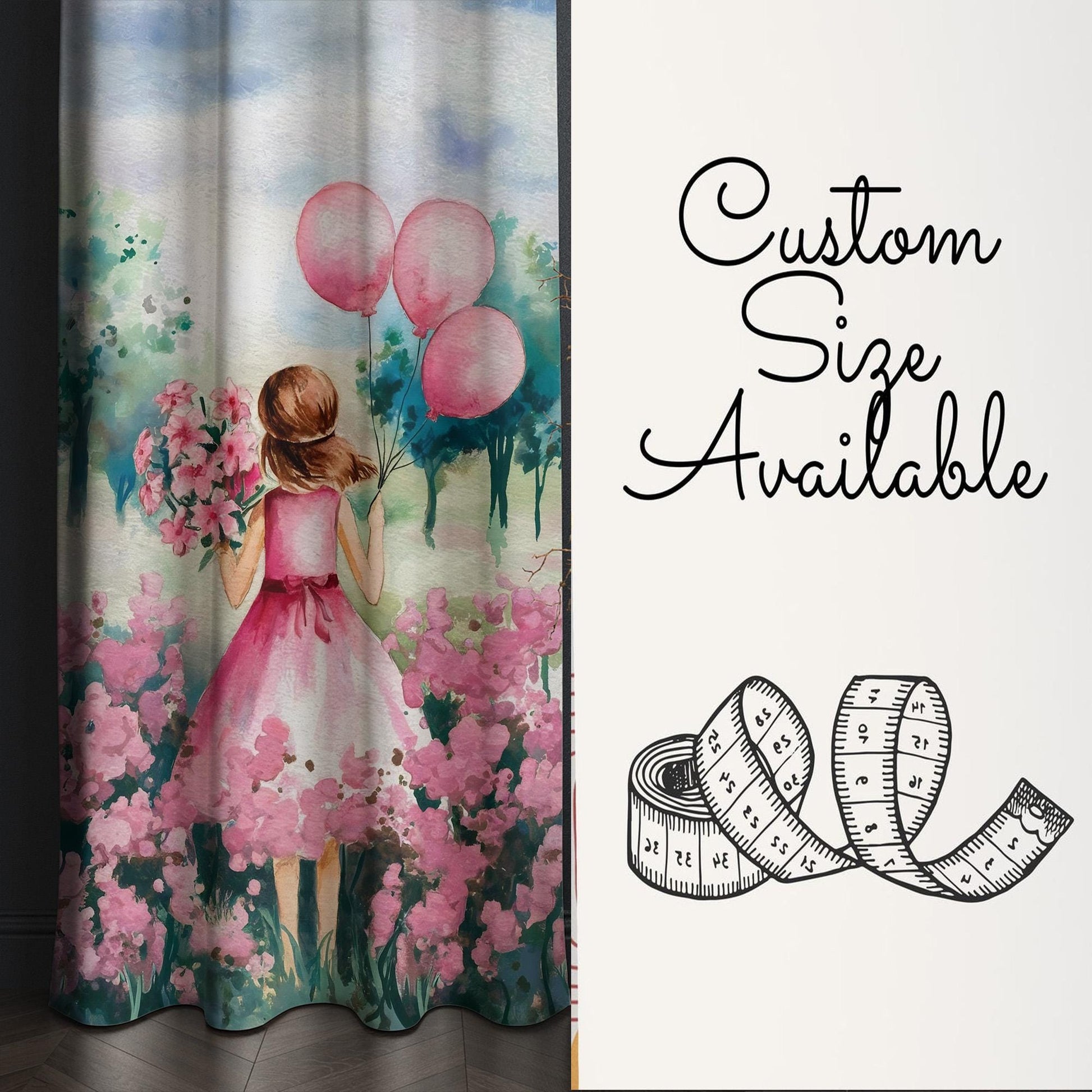 Pink Princess Floral Flowers Balloons Kids Curtains & Gift Pillow Covers, Custom Nursery Drapes, Girls’ Bedroom Window Treatment Room Decor