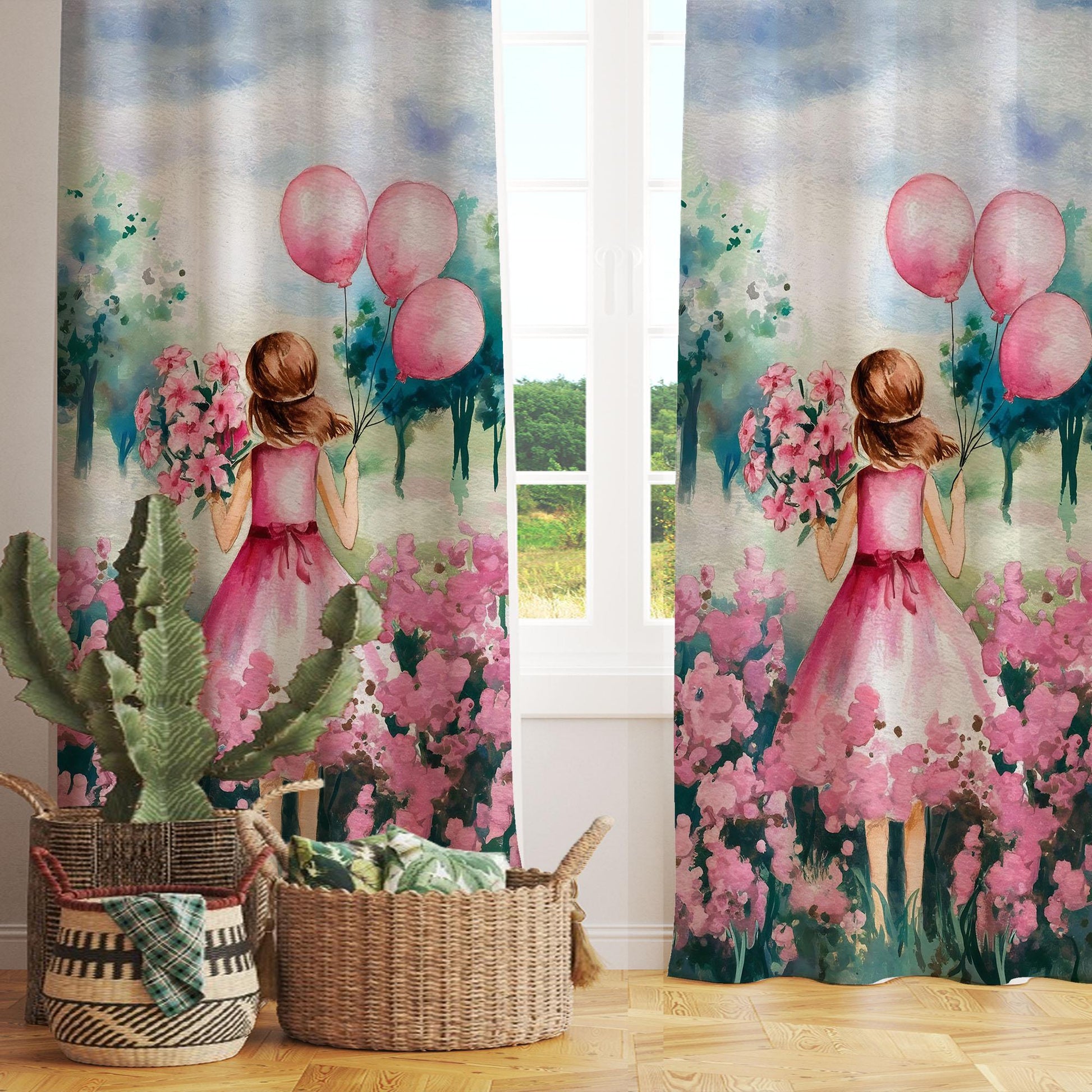 Pink Princess Floral Flowers Balloons Kids Curtains & Gift Pillow Covers, Custom Nursery Drapes, Girls’ Bedroom Window Treatment Room Decor