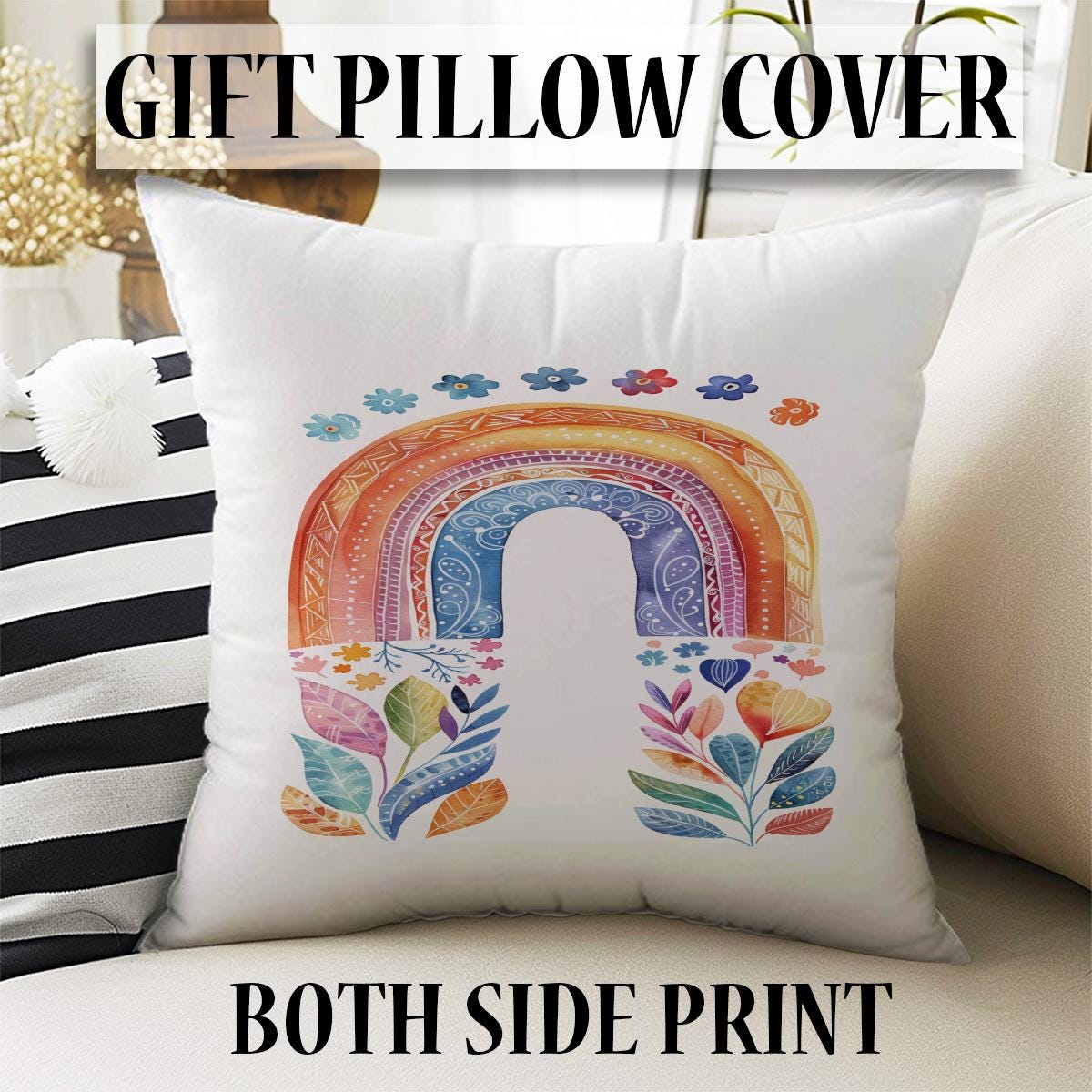 Colorful Rainbow Floral Flowers Kids Curtains & Gift Pillow Covers, Custom Nursery Drapes, Child Bedroom Window Treatment Decor