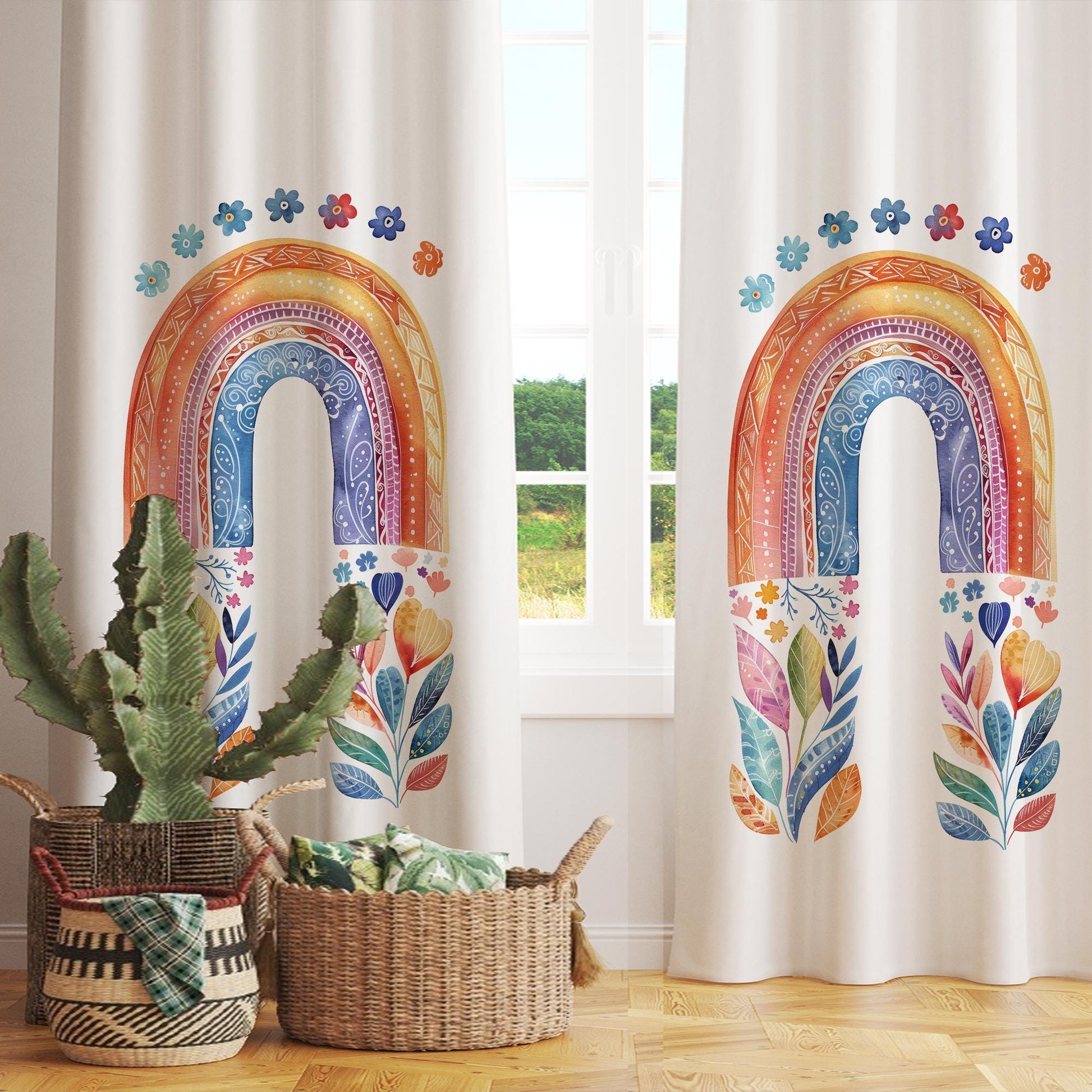 Colorful Rainbow Floral Flowers Kids Curtains & Gift Pillow Covers, Custom Nursery Drapes, Child Bedroom Window Treatment Decor