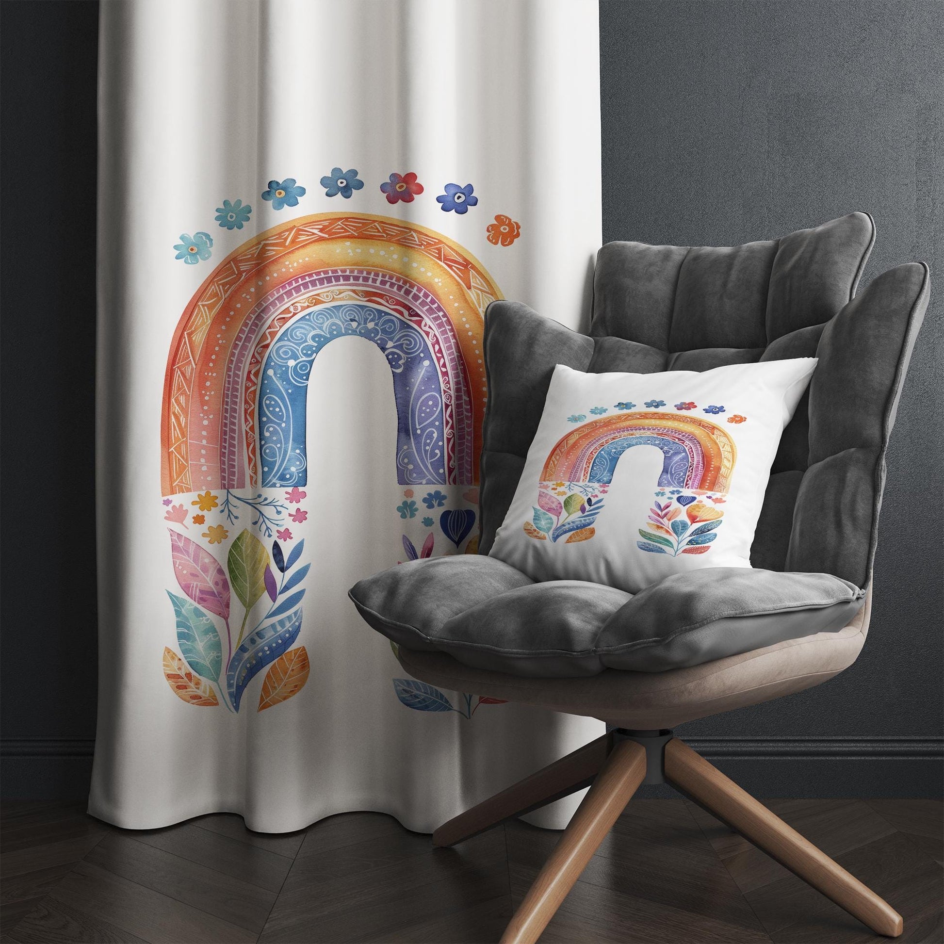 Colorful Rainbow Floral Flowers Kids Curtains & Gift Pillow Covers, Custom Nursery Drapes, Child Bedroom Window Treatment Decor
