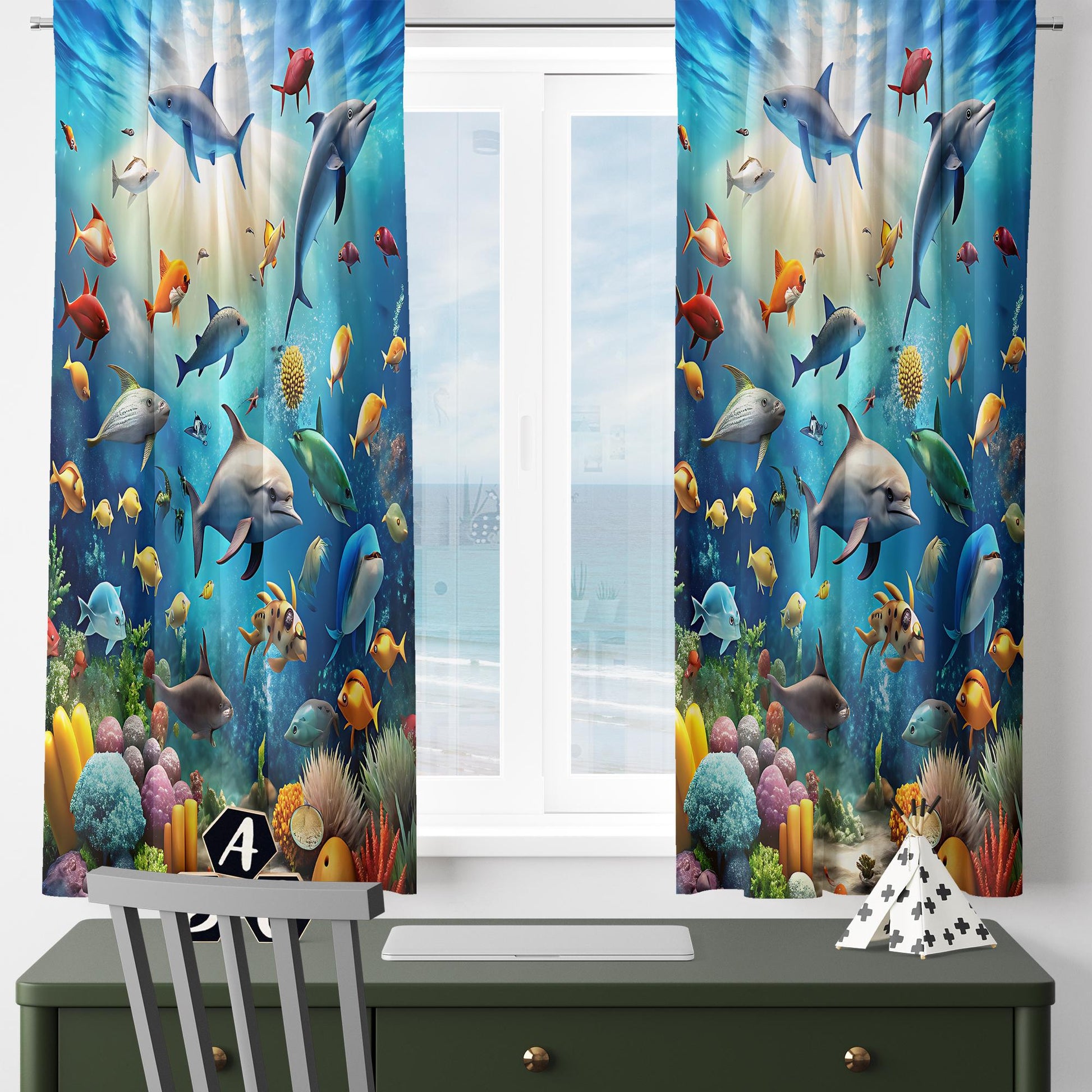 Under Sea Fishes Kids Curtains & Gift Pillow Covers, Custom Nursery Drapes Aquarium Fish Window Treatment for Child Bedroom Decor