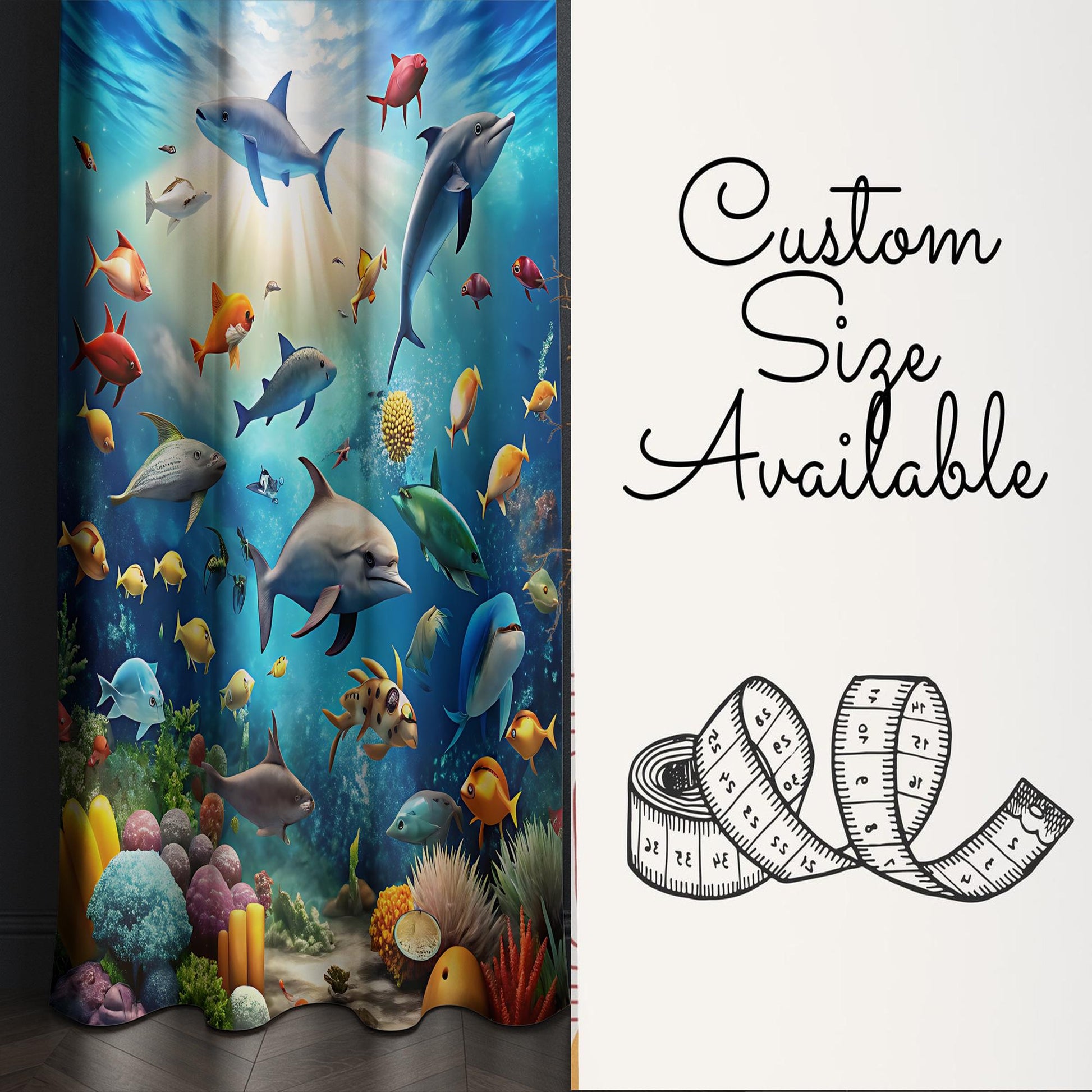 Under Sea Fishes Kids Curtains & Gift Pillow Covers, Custom Nursery Drapes Aquarium Fish Window Treatment for Child Bedroom Decor