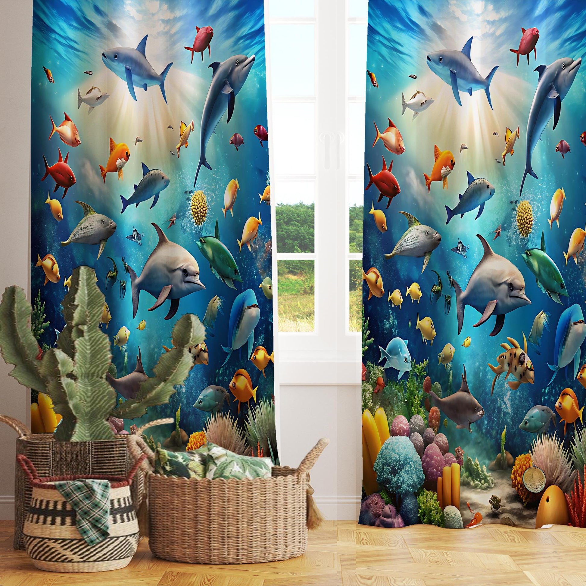 Under Sea Fishes Kids Curtains & Gift Pillow Covers, Custom Nursery Drapes Aquarium Fish Window Treatment for Child Bedroom Decor