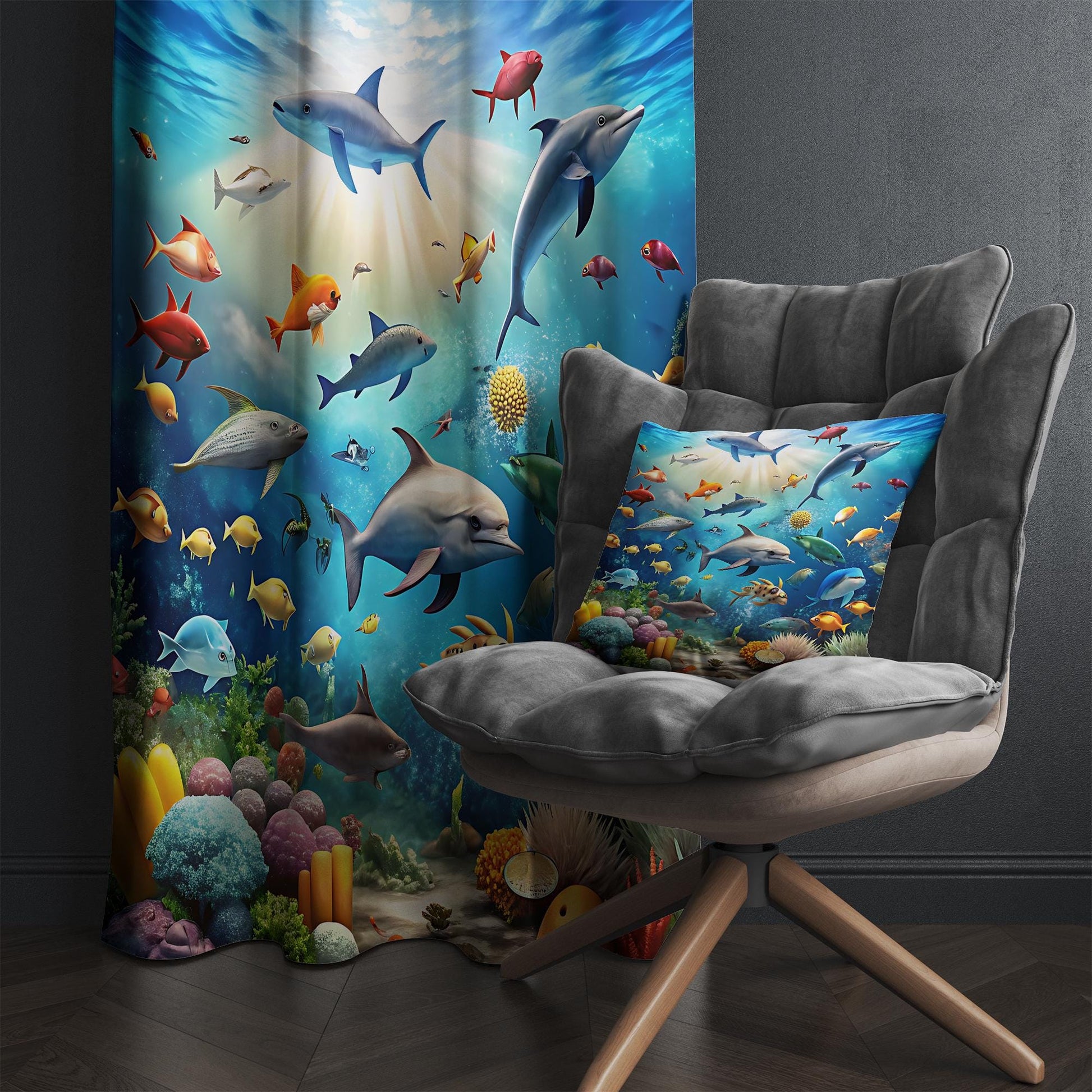 Under Sea Fishes Kids Curtains & Gift Pillow Covers, Custom Nursery Drapes Aquarium Fish Window Treatment for Child Bedroom Decor