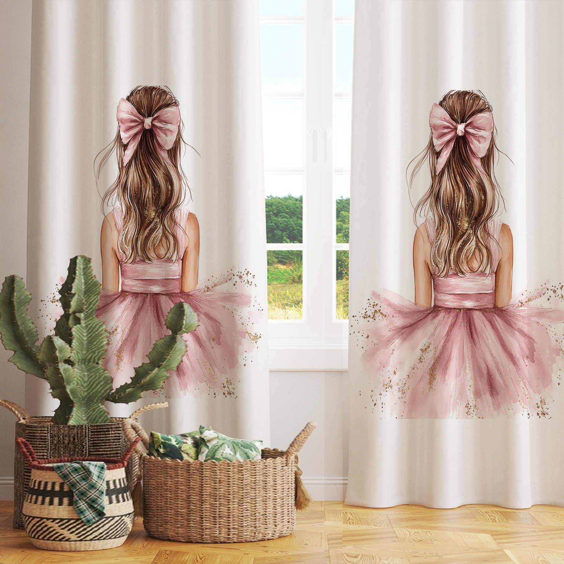 Cute Pink Ballerina Princess Kids Curtains & Pillow Covers, Custom Nursery Drapes, Room Decor for Girls Bedroom Window Treatment