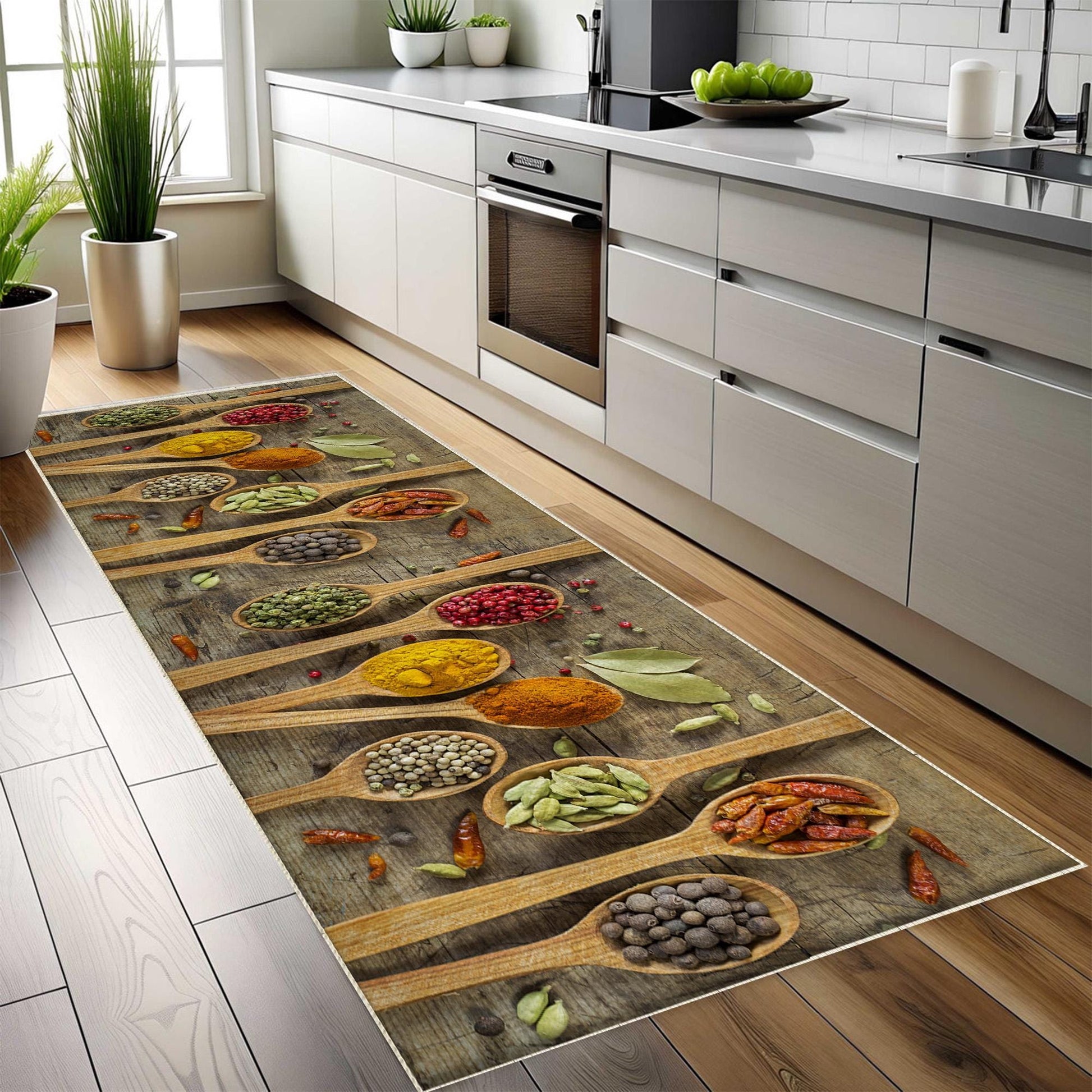 Spices Theme Kitchen Runner Rug - Washable Non-Slip Floor Mat, Modern Kitchen Decor, Durable & Comfortable Cooking Mat