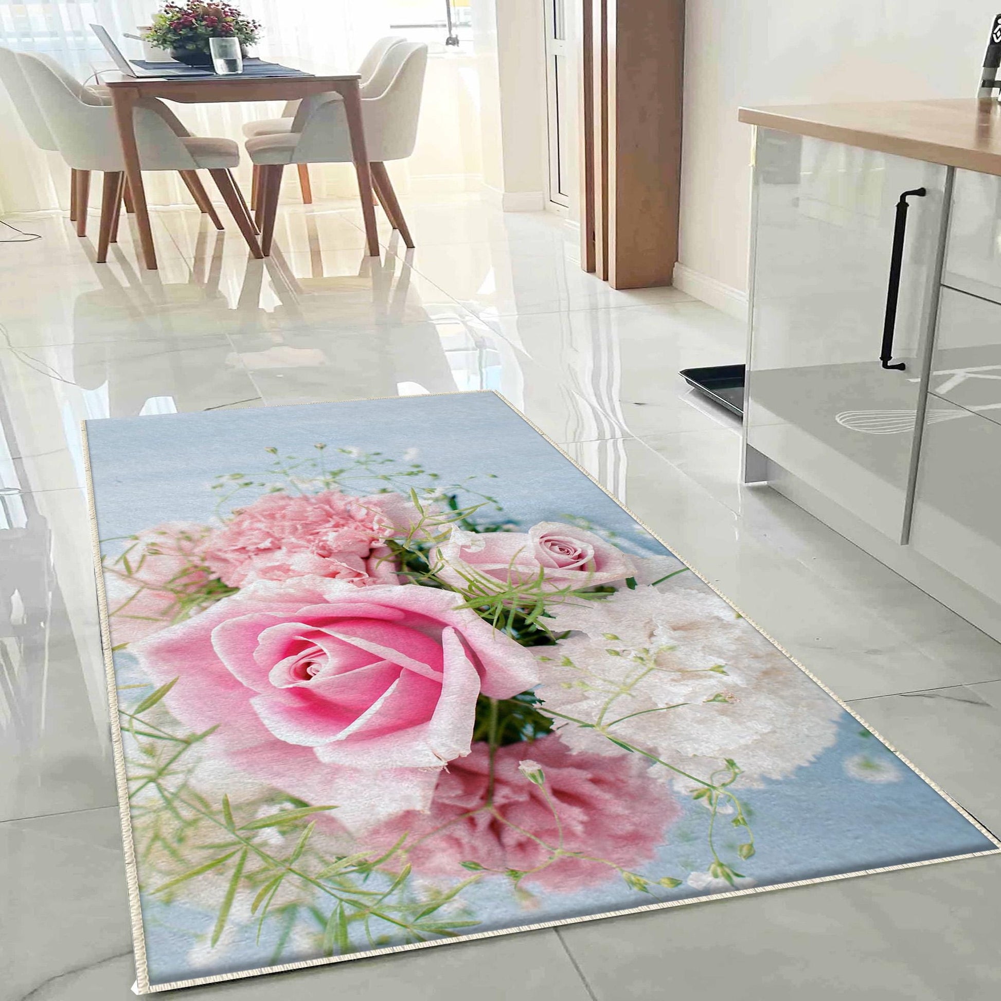 Pink Roses Kitchen Runner Rug Non-Slip Washable Floor Mat Floral Modern Design Home Decor Rug
