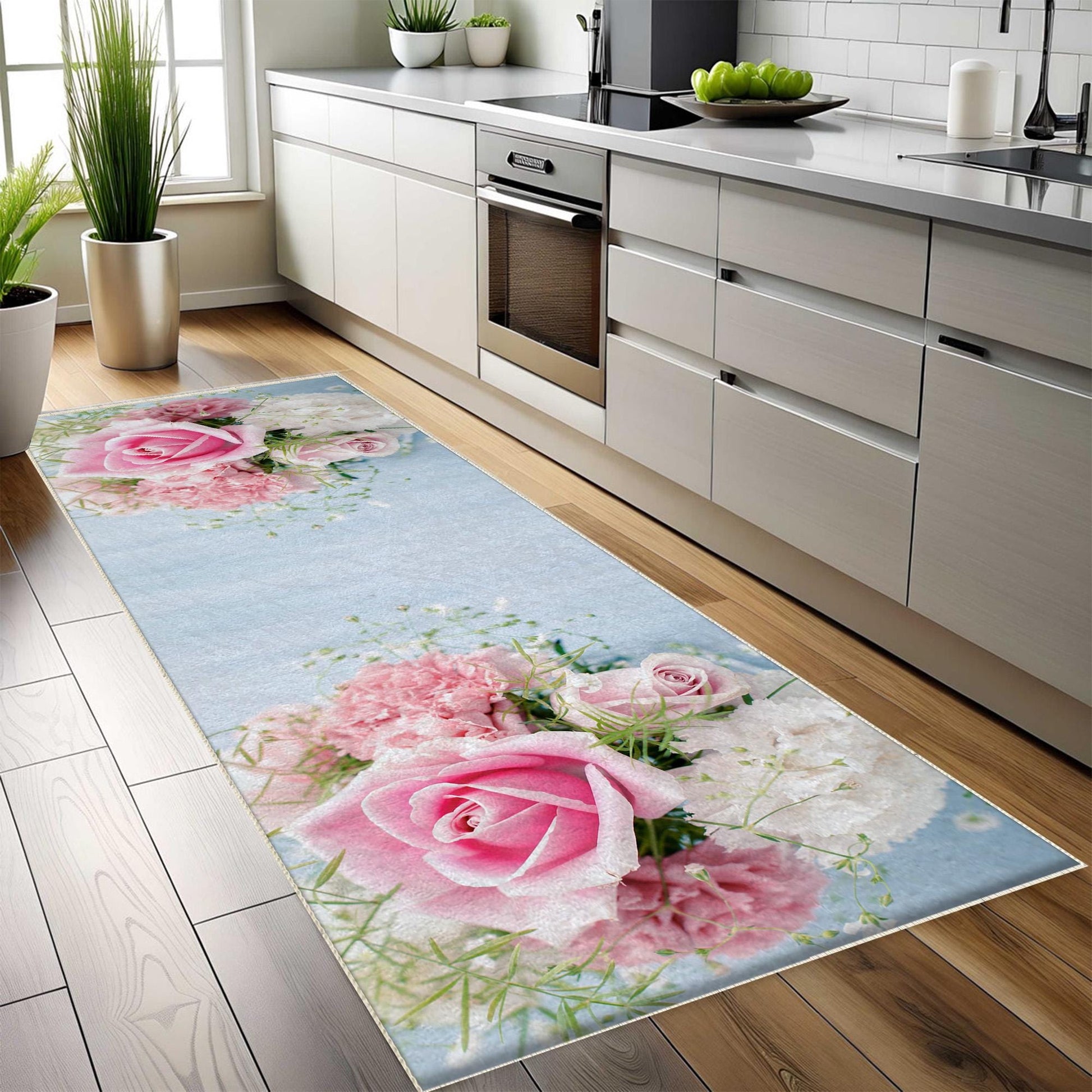 Pink Roses Kitchen Runner Rug Non-Slip Washable Floor Mat Floral Modern Design Home Decor Rug