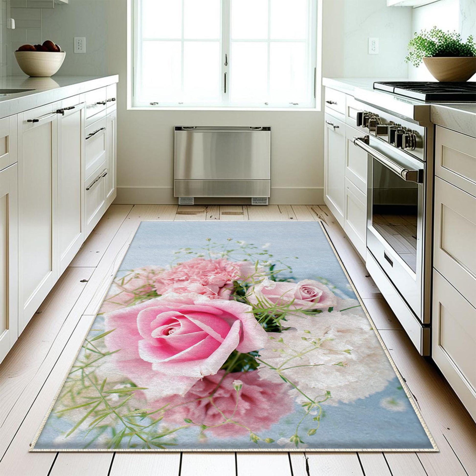 Pink Roses Kitchen Runner Rug Non-Slip Washable Floor Mat Floral Modern Design Home Decor Rug