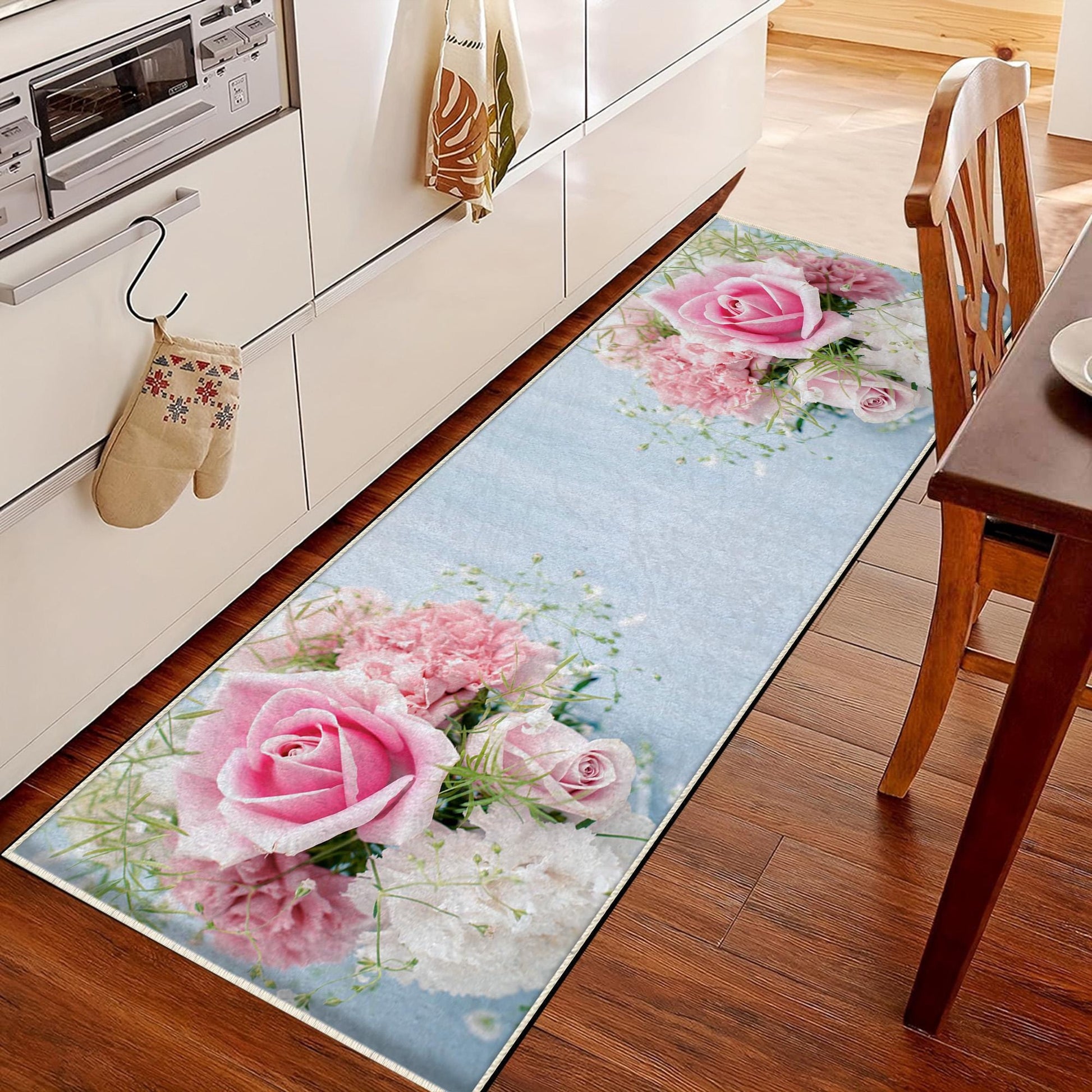 Pink Roses Kitchen Runner Rug Non-Slip Washable Floor Mat Floral Modern Design Home Decor Rug