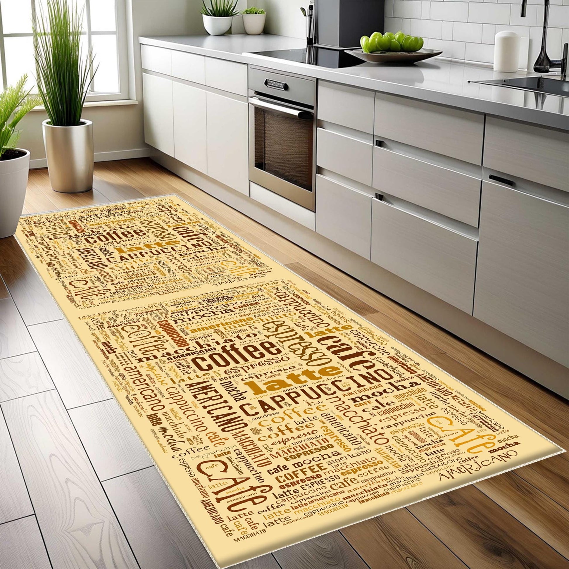 Coffee Cafe Kitchen Runner Rug - Washable Non-Slip Floor Mat, Durable Modern Kitchen Decor for Cooking & Baking Areas
