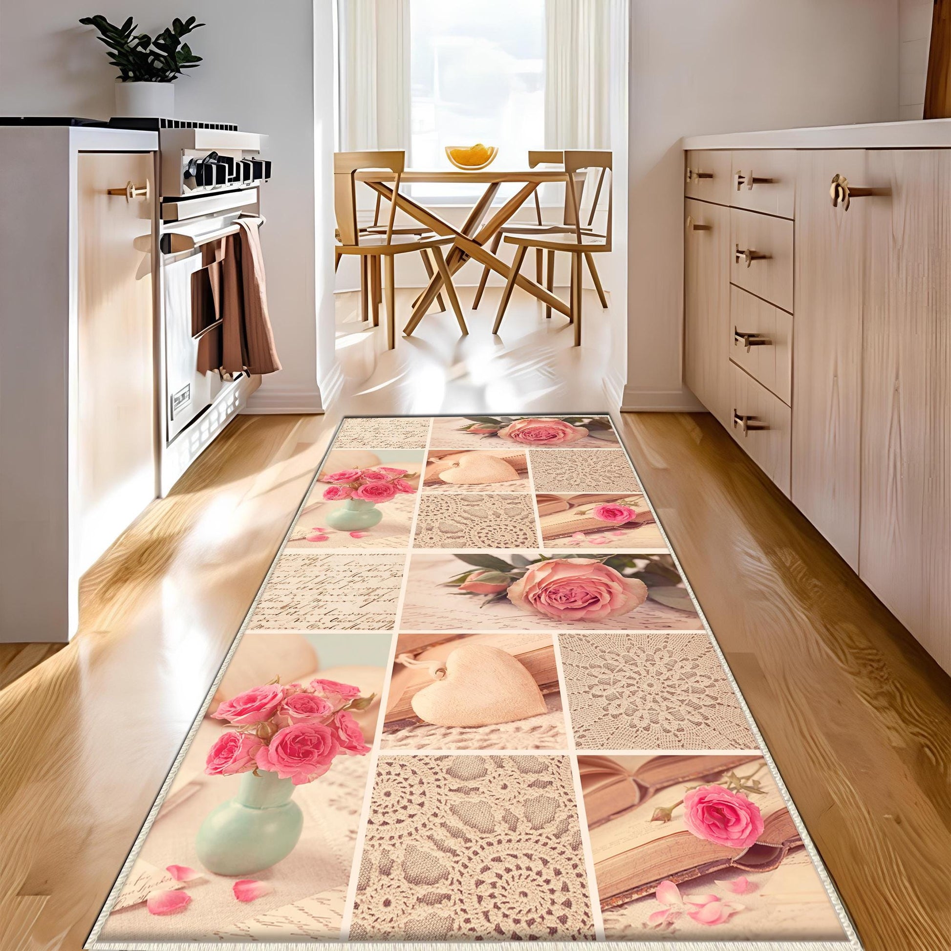 Pink Retro Floral Kitchen Runner Rug - Washable Non-Slip Floor Mat for Home Decor & Modern Kitchen Design