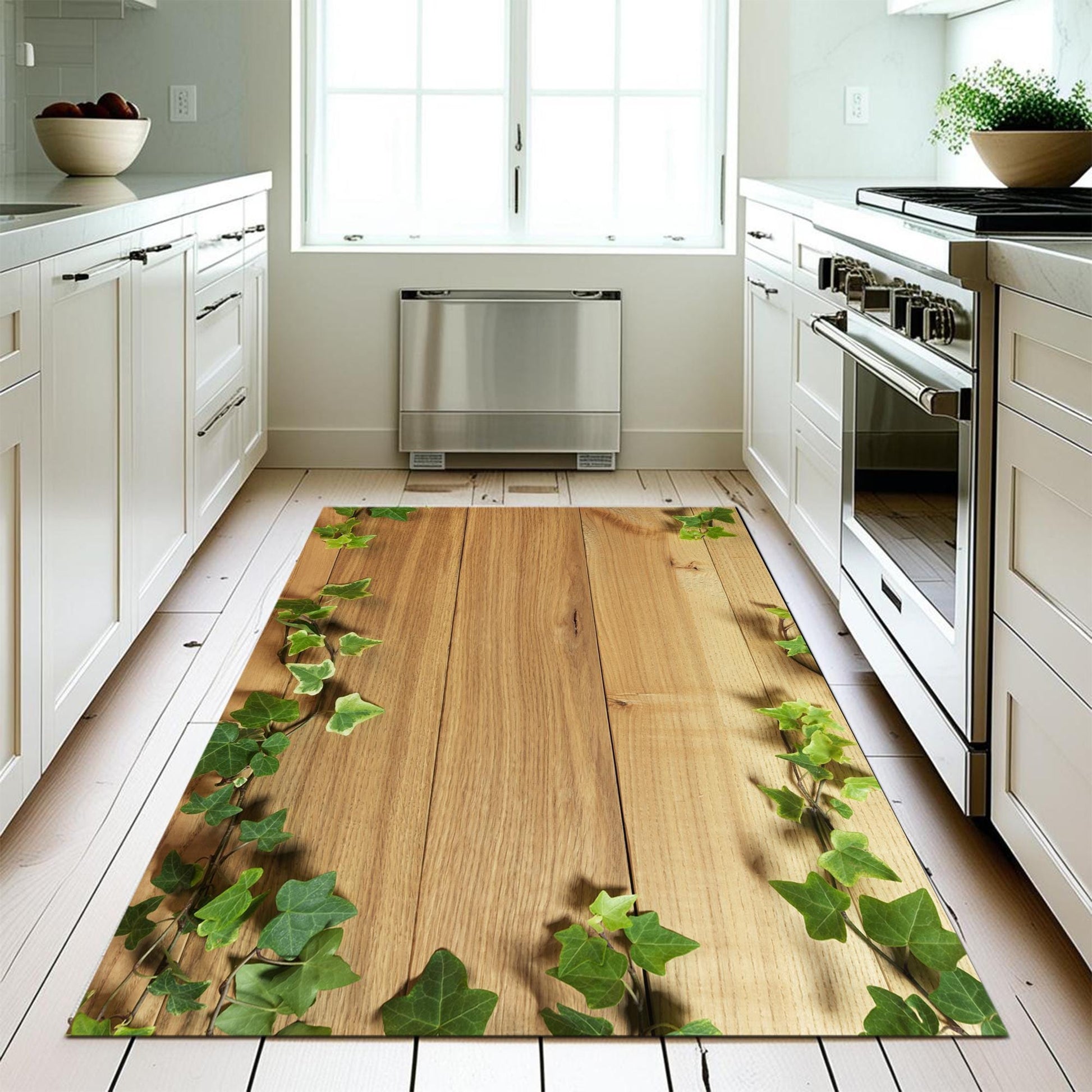 Wood Ivy Floral Kitchen Runner Rug, Washable Non-Slip Floor Mat, Modern Home Decor & Durable Kitchen Rug
