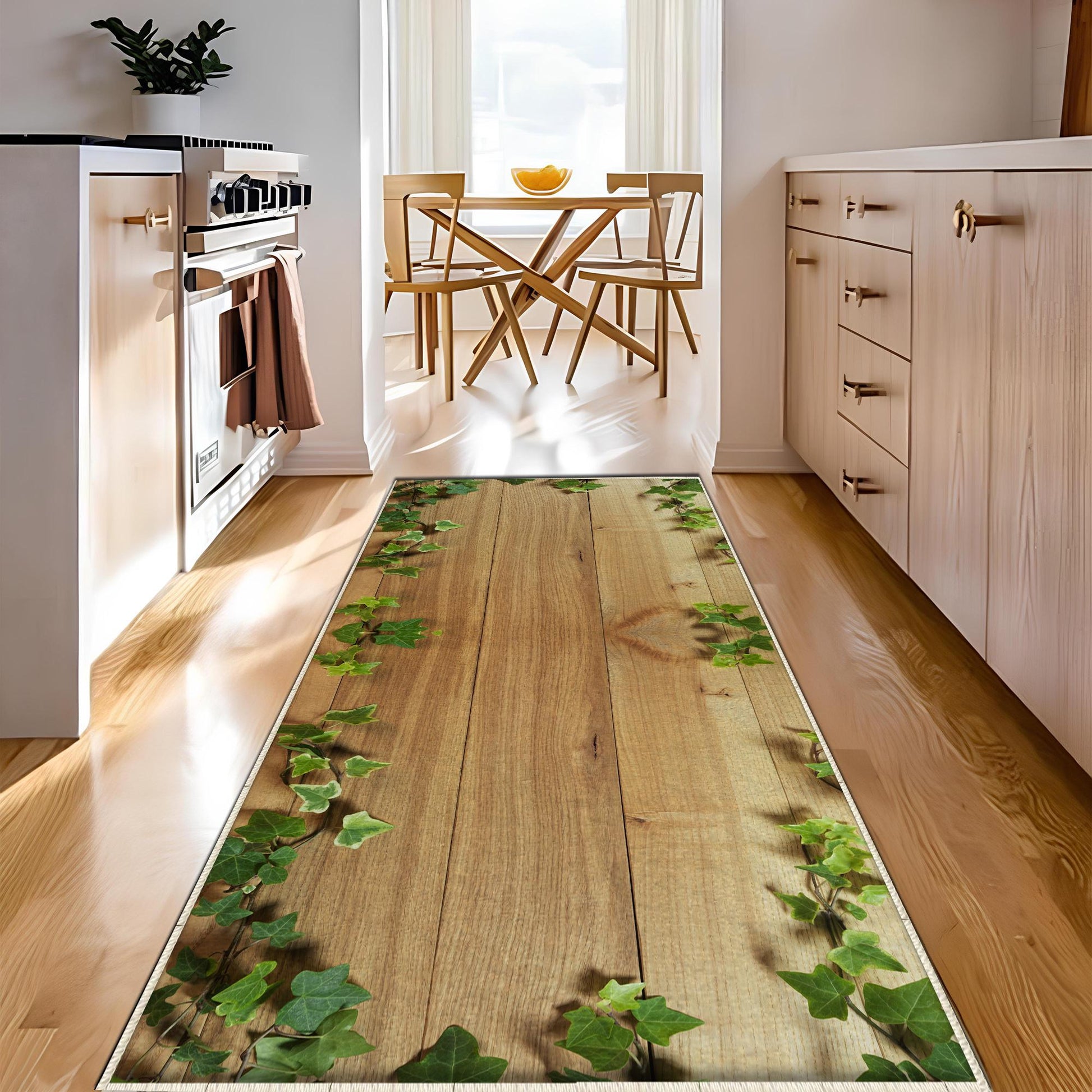 Wood Ivy Floral Kitchen Runner Rug, Washable Non-Slip Floor Mat, Modern Home Decor & Durable Kitchen Rug