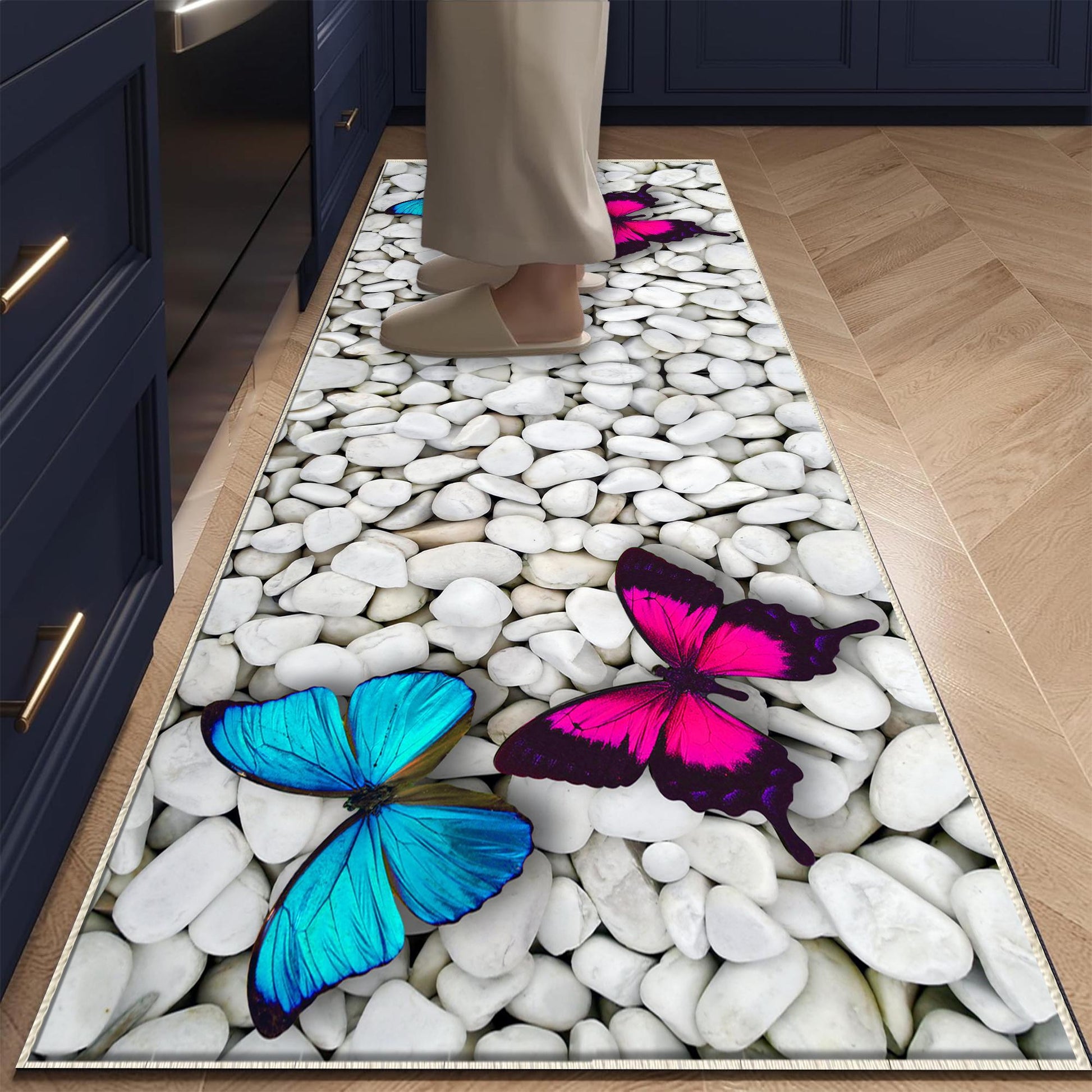 Non-Slip Kitchen Runner Rug Blue Pink Stone Butterfly, Washable Modern Floor Mat for Home Decor & Kitchen