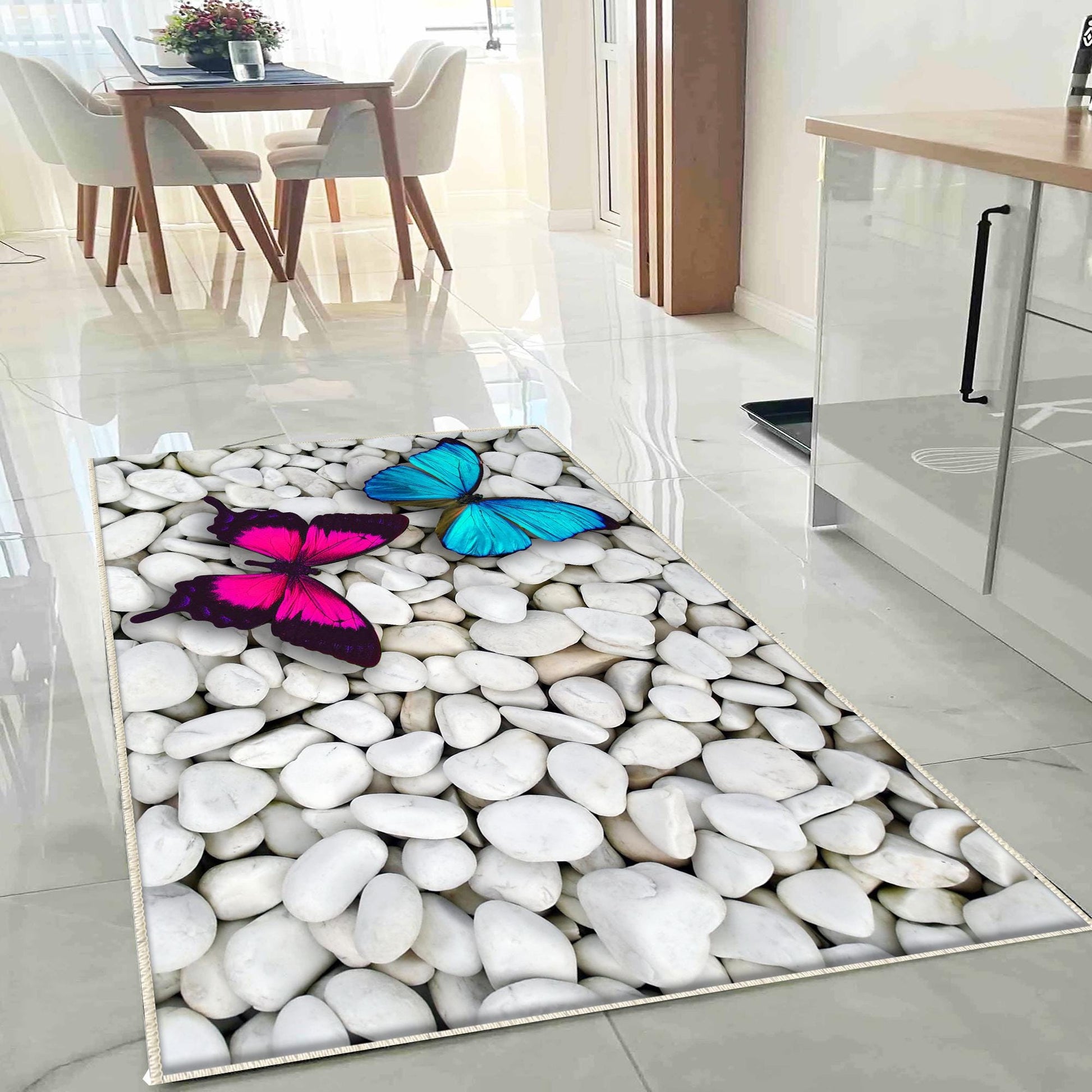 Non-Slip Kitchen Runner Rug Blue Pink Stone Butterfly, Washable Modern Floor Mat for Home Decor & Kitchen