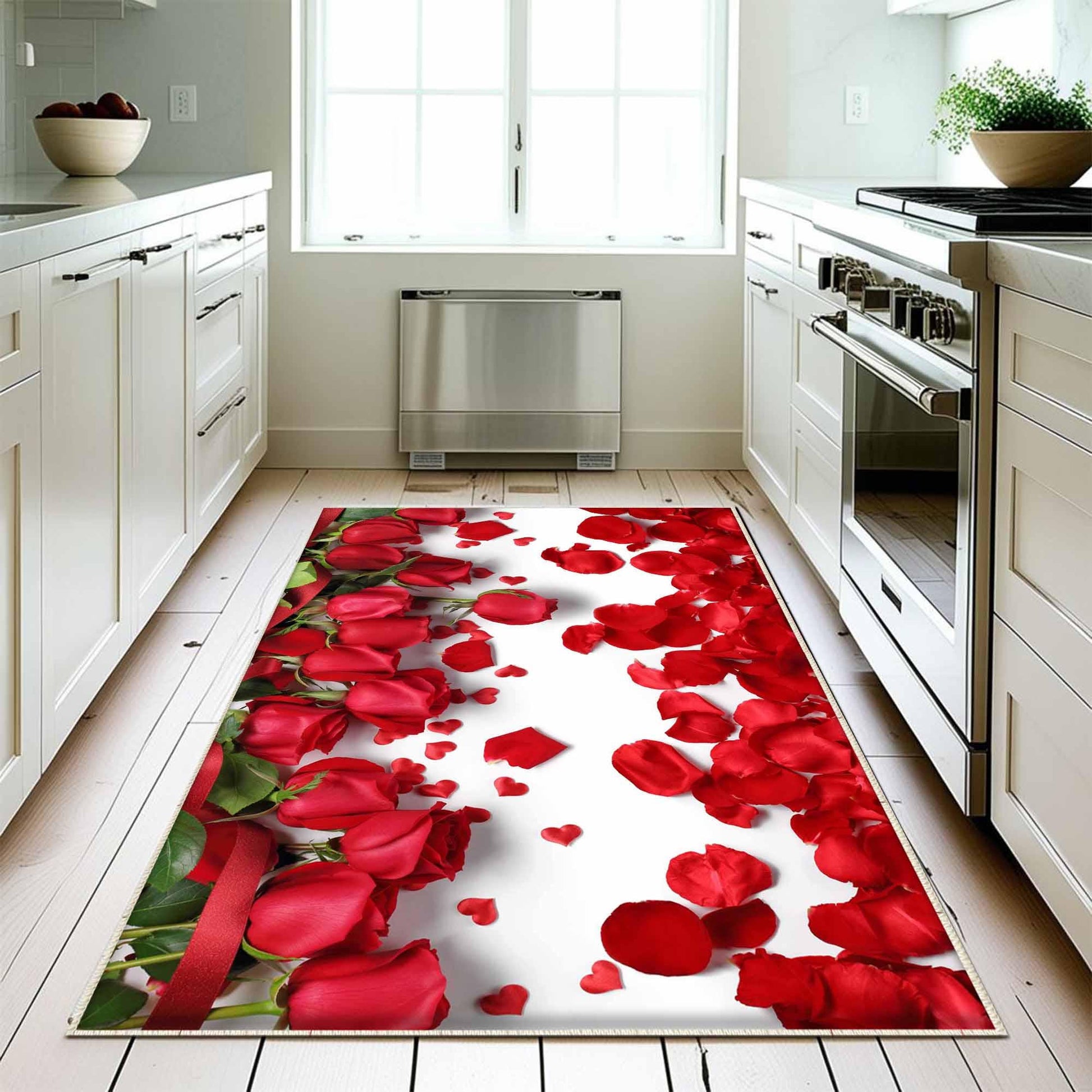 Red Roses Floral Flowers Theme Kitchen Runner Rug – Washable Non-Slip Floor Mat, Modern Floral Home Decor Kitchen Mat