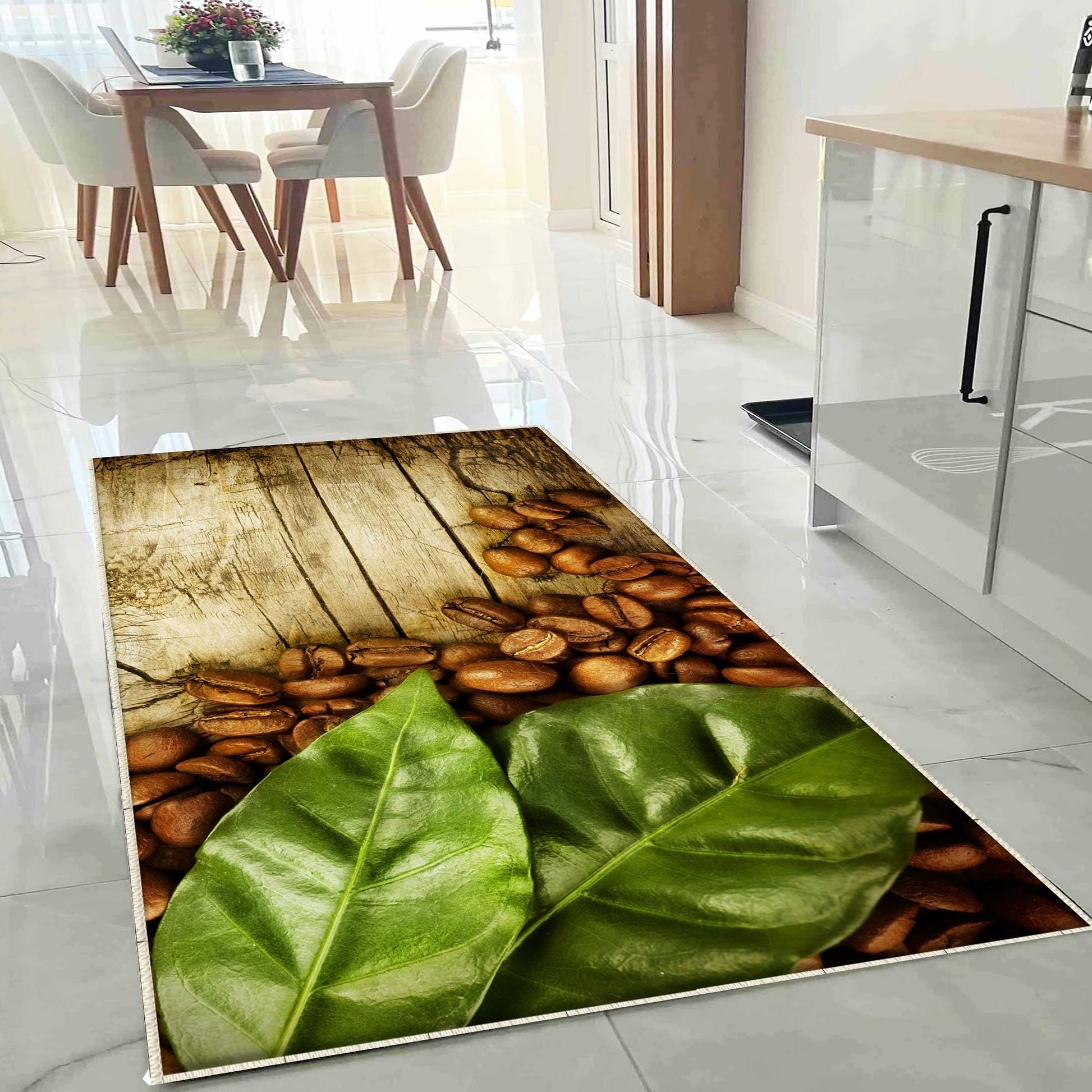Coffee Beans Grean Leaves Kitchen Runner Rug, Non-Slip Washable Kitchen Floor Mat, Modern Home Decor Kitchen Rug, Coffee Lover Gift