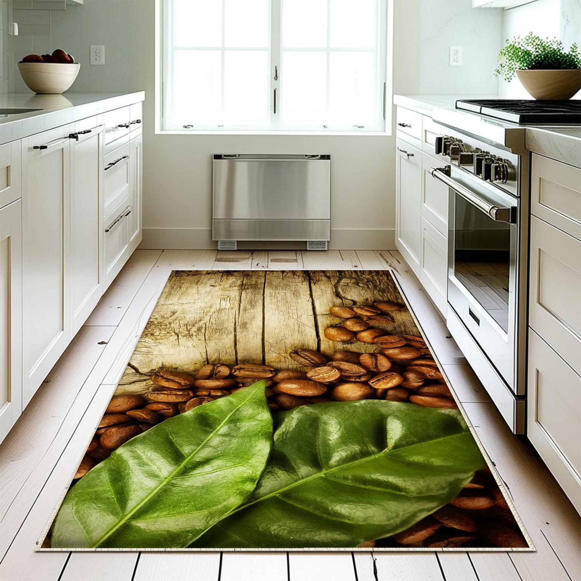 Coffee Beans Grean Leaves Kitchen Runner Rug, Non-Slip Washable Kitchen Floor Mat, Modern Home Decor Kitchen Rug, Coffee Lover Gift