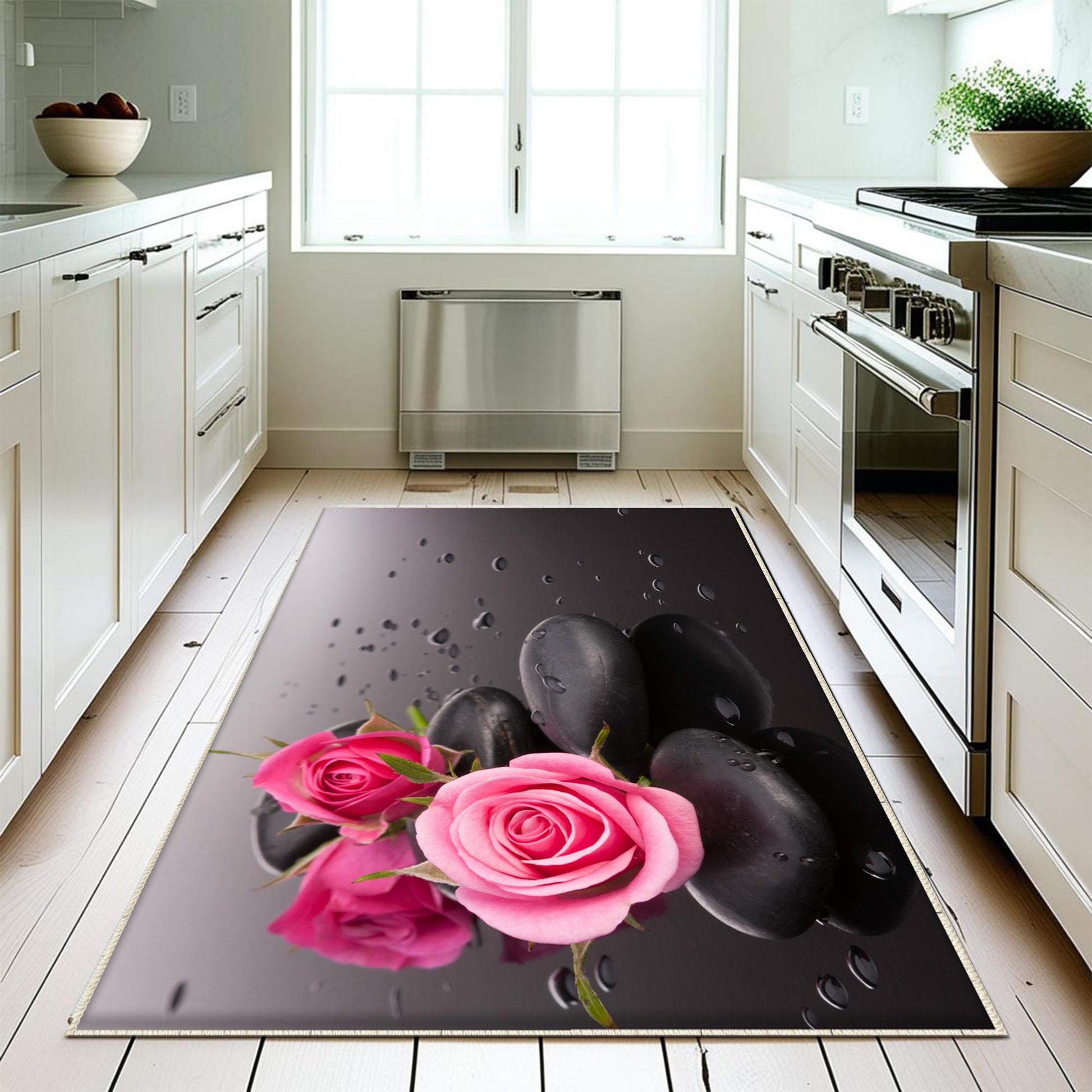 Pink Roses Spa Stone Kitchen Runner Rug - Washable, Non-Slip Floor Mat & Modern Home Decor
