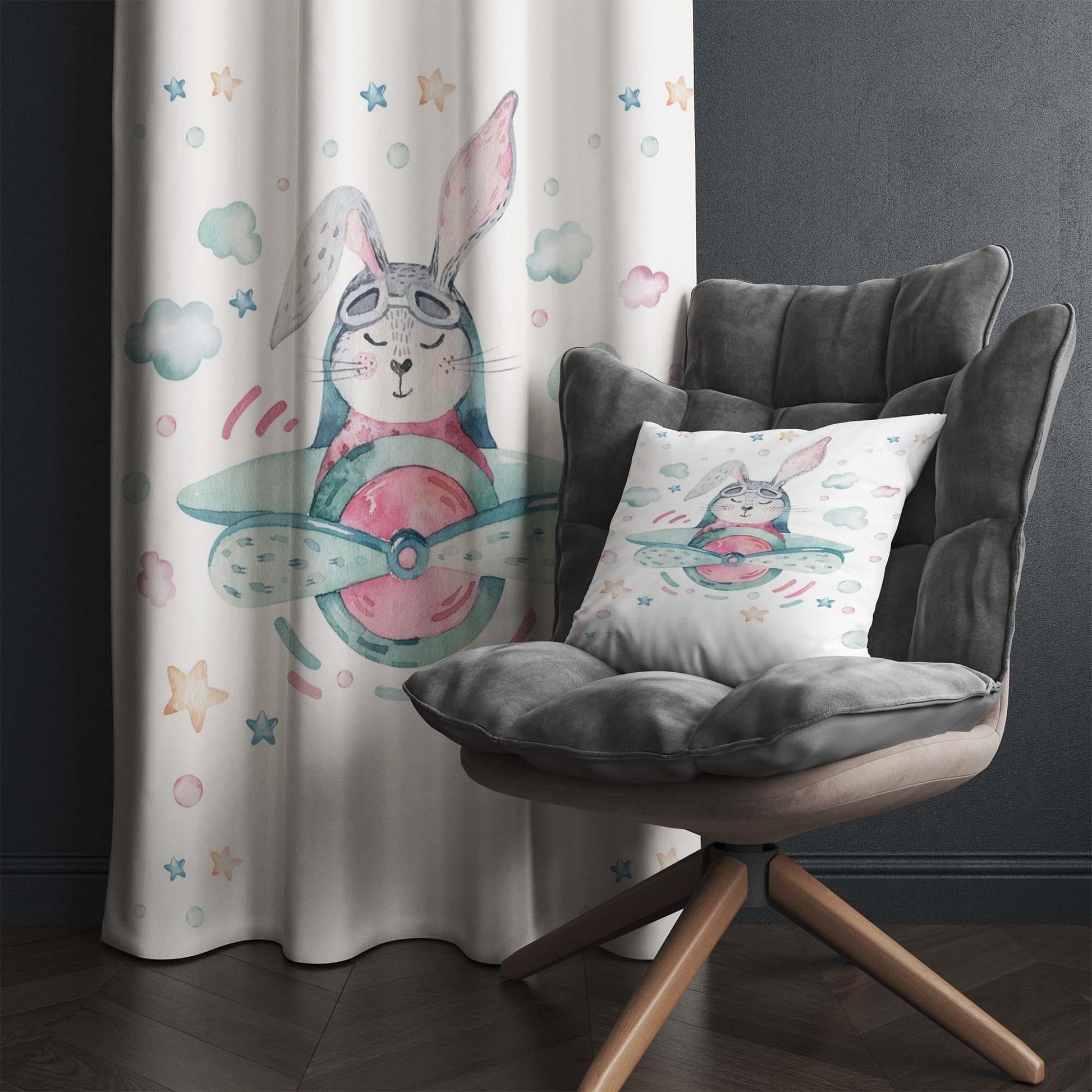 Bunny Rabbit Pilot Plane Clouds Baby Nursery Curtains , Custom Baby Room Drapes, Gift Pillow Covers, Cute Bedroom Window Treatment Decor