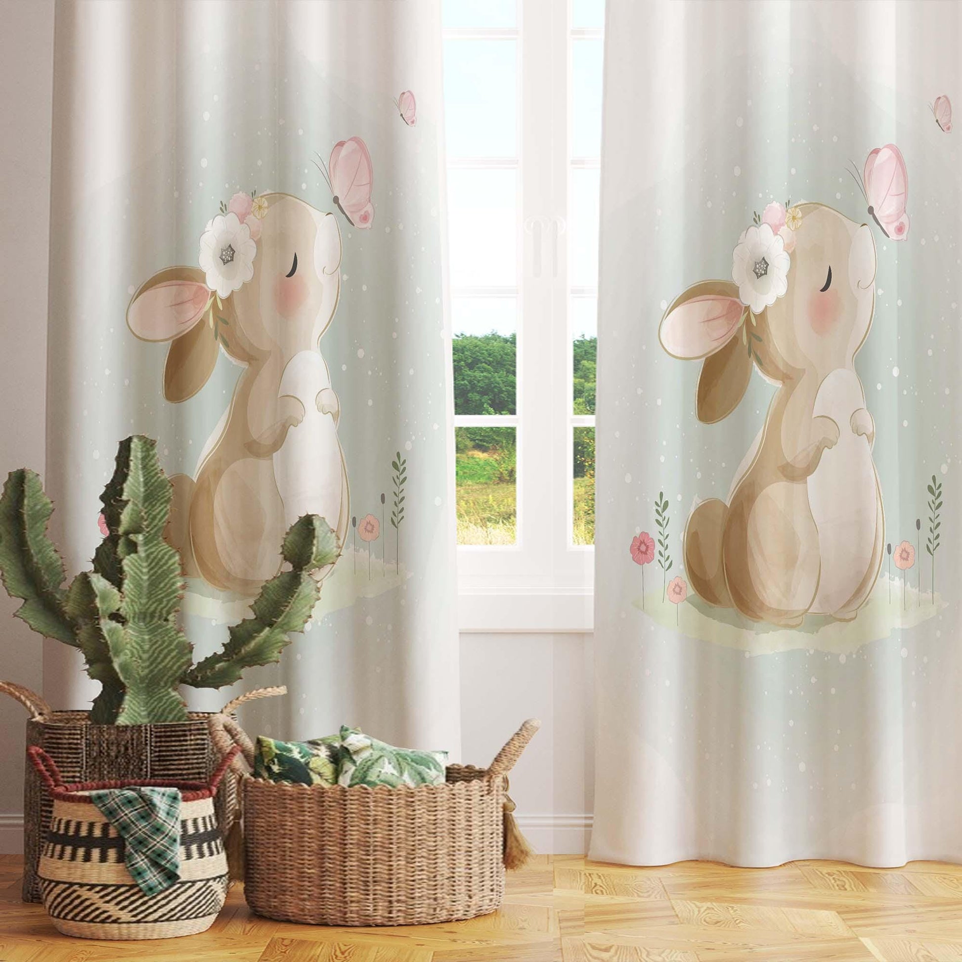 Cute Bunny Rabbit Baby Nursery Curtains , Custom Baby Room Drapes, Gift Pillow Covers, Cute Bedroom Window Treatment Decor