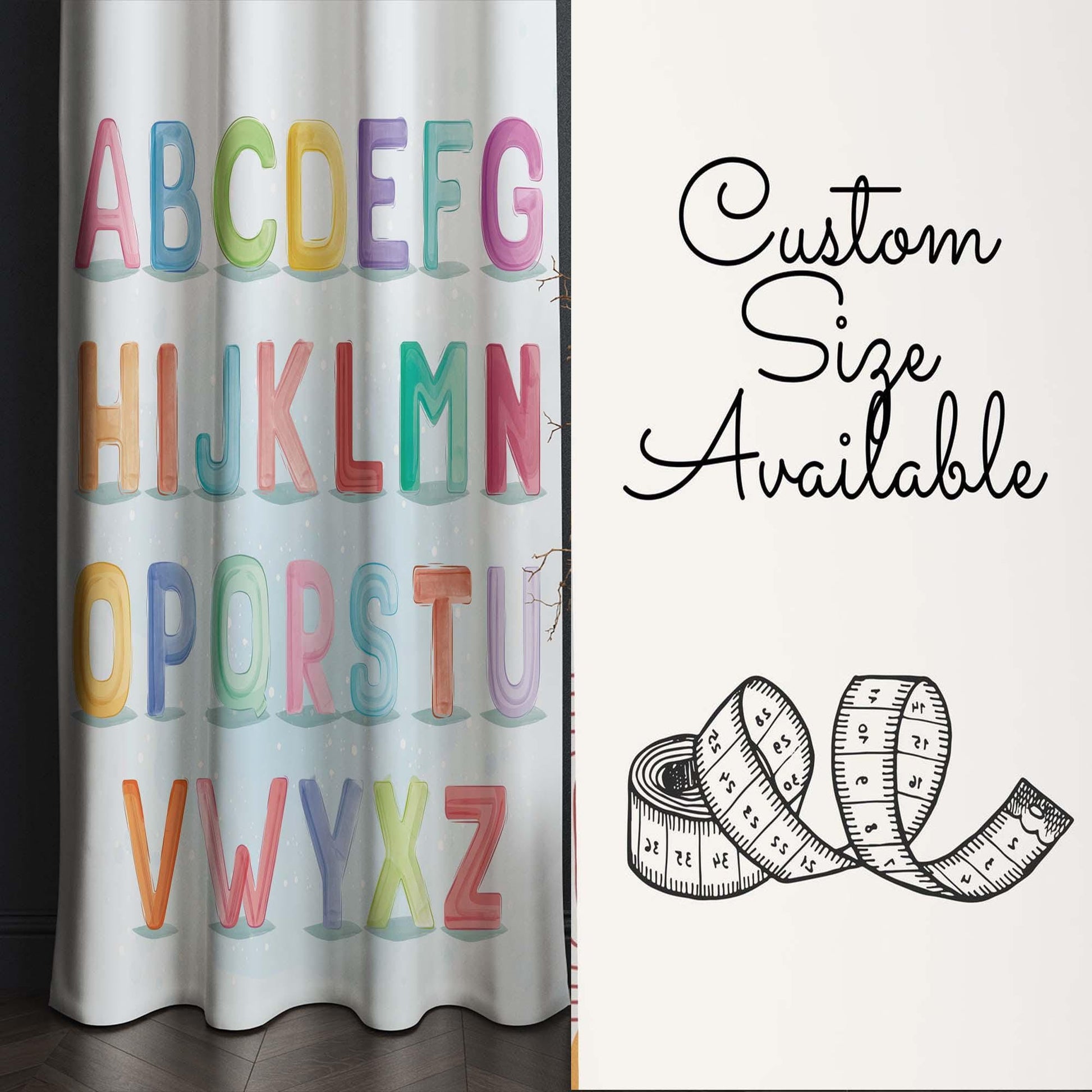 Alphabet Educational Letters Nursery Curtains – Custom Kids Room Drapes & Cute Bedroom Window Treatment Decor with Gift Pillow Covers