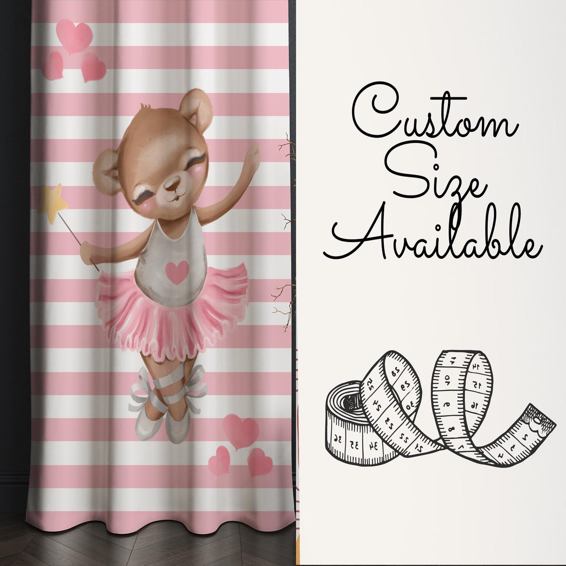 Cute Pink Girl Ballerina Bear Nursery Curtains – Custom Kids Room Drapes & Cute Bedroom Window Treatment Decor with Gift Pillow Covers