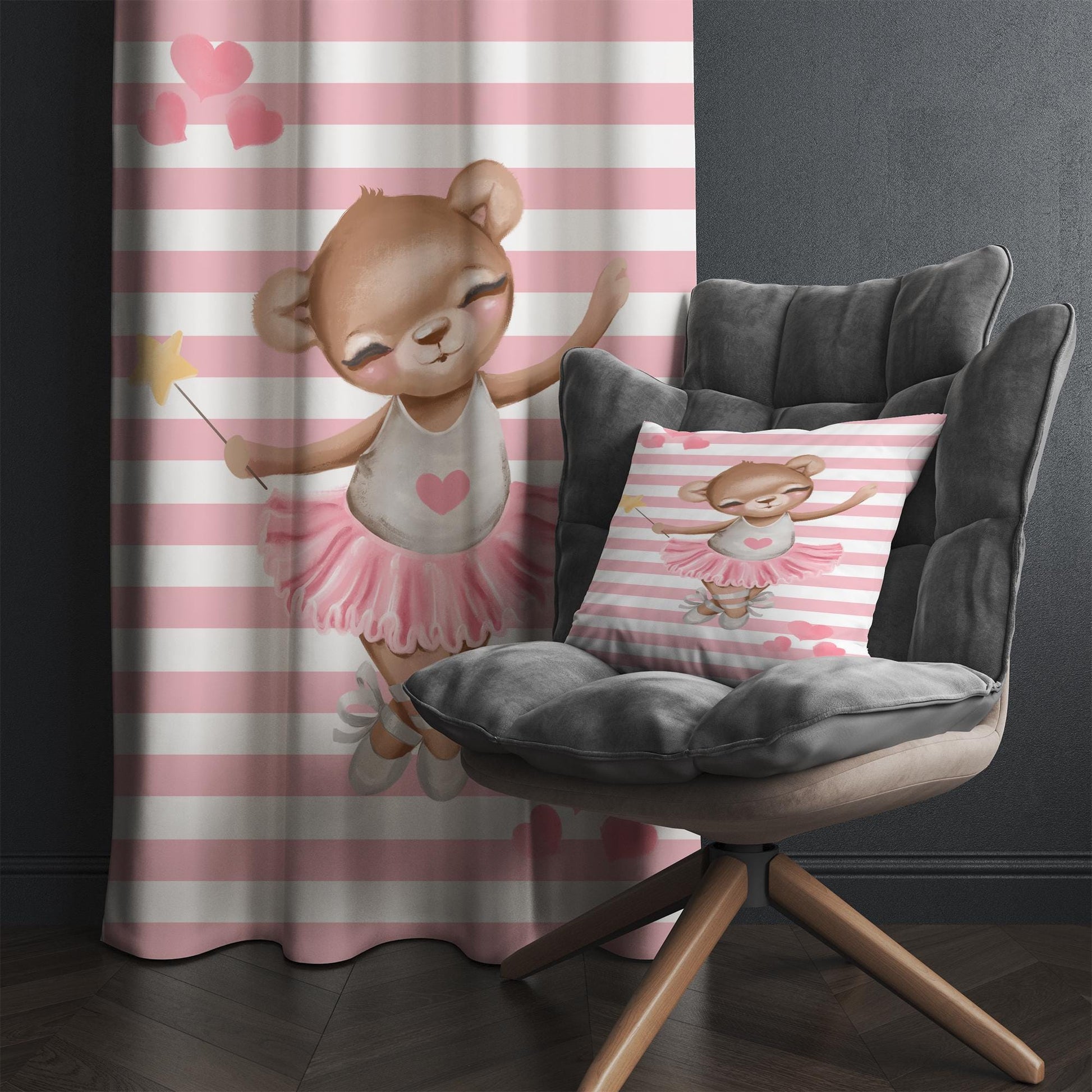 Cute Pink Girl Ballerina Bear Nursery Curtains – Custom Kids Room Drapes & Cute Bedroom Window Treatment Decor with Gift Pillow Covers