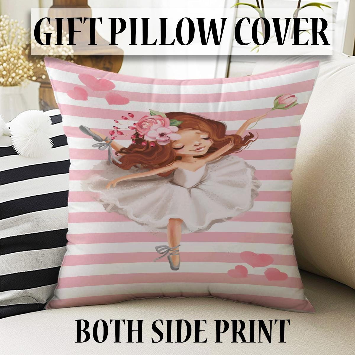 Cute Pink White Ballerina Girl Nursery Curtains – Custom Kids Room Drapes & Cute Bedroom Window Treatment Decor with Gift Pillow Covers