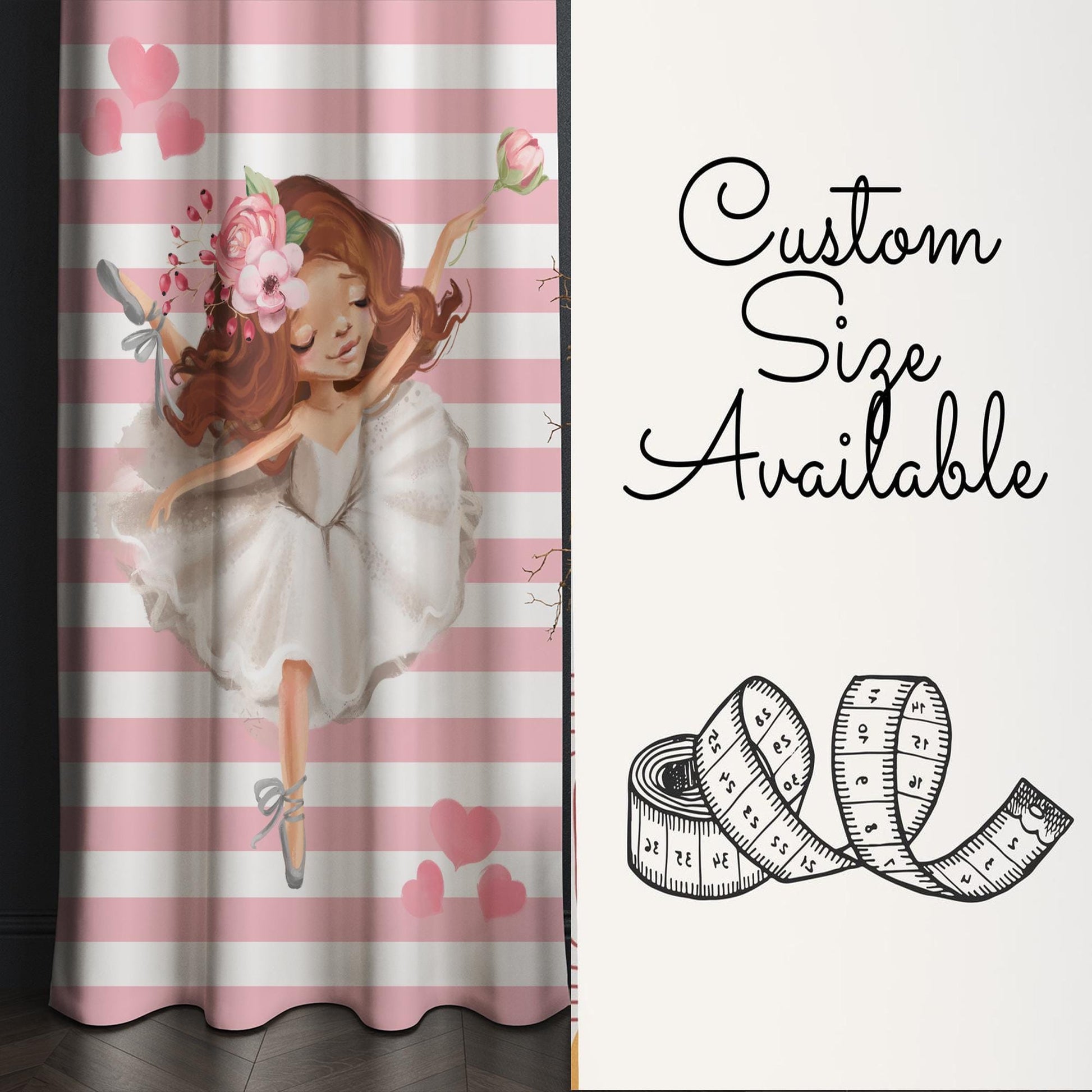 Cute Pink White Ballerina Girl Nursery Curtains – Custom Kids Room Drapes & Cute Bedroom Window Treatment Decor with Gift Pillow Covers