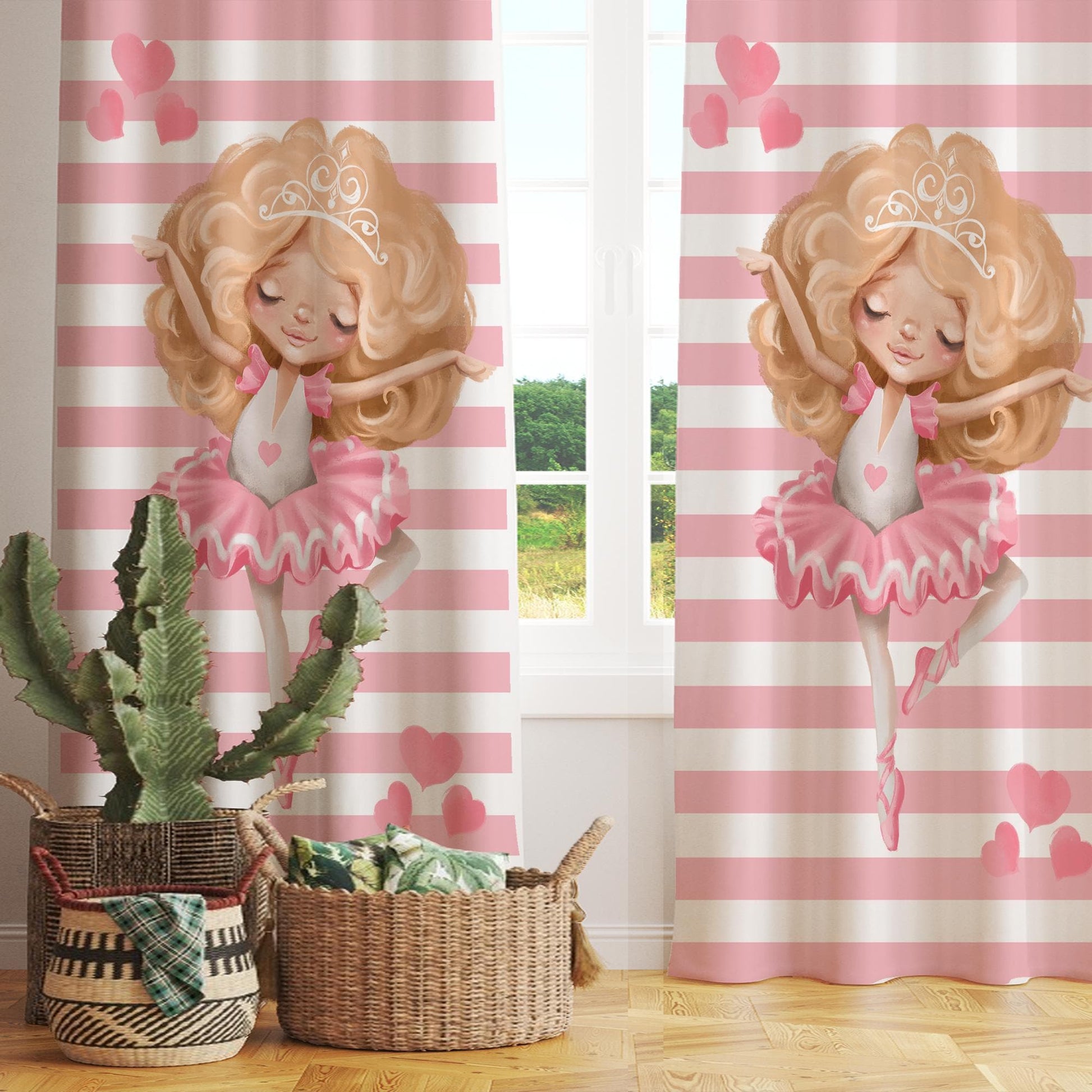 Cute Pink Blonde Ballerina Girl Nursery Curtains – Custom Kids Room Drapes & Cute Bedroom Window Treatment Decor with Gift Pillow Covers