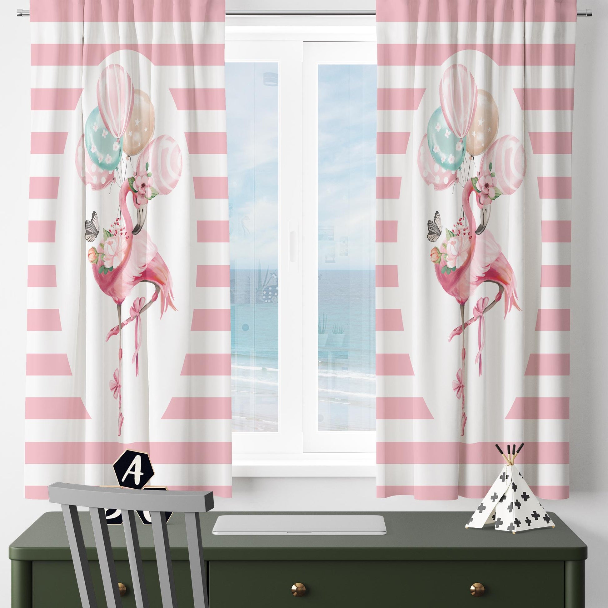 Cute Pink Flamingo Animal Girl Nursery Curtains – Custom Kids Room Drapes & Cute Bedroom Window Treatment Decor with Gift Pillow Covers