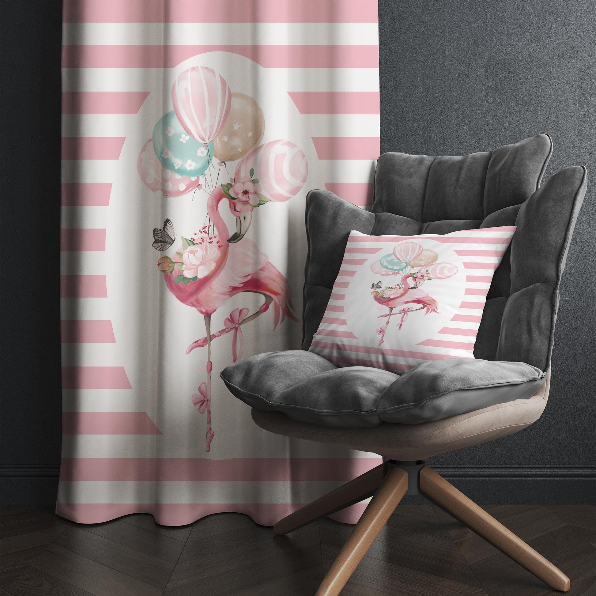 Cute Pink Flamingo Animal Girl Nursery Curtains – Custom Kids Room Drapes & Cute Bedroom Window Treatment Decor with Gift Pillow Covers