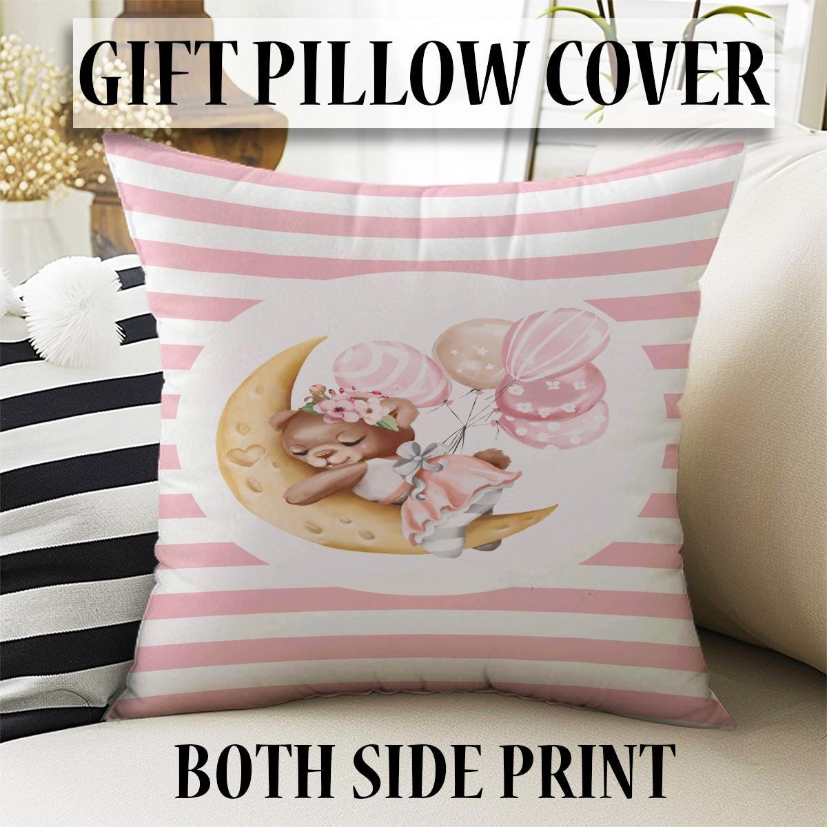 Moon on Sleep Baby Bear Animal Girl Nursery Curtains – Custom Kids Room Drapes & Cute Bedroom Window Treatment Decor with Gift Pillow Covers
