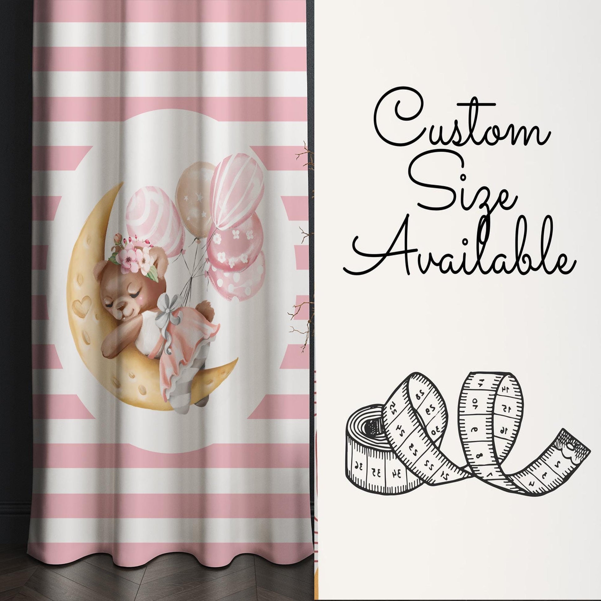 Moon on Sleep Baby Bear Animal Girl Nursery Curtains – Custom Kids Room Drapes & Cute Bedroom Window Treatment Decor with Gift Pillow Covers