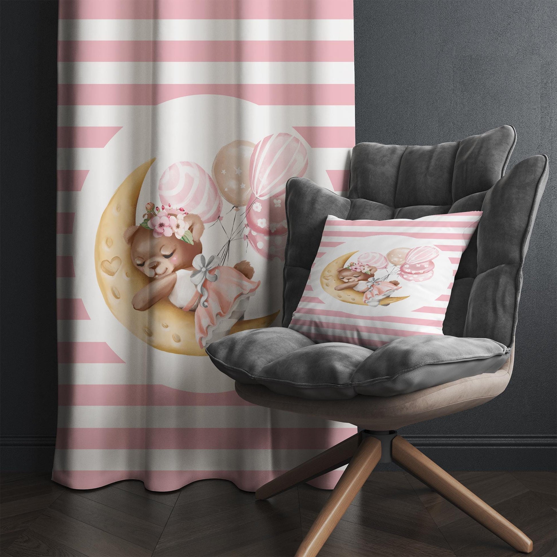 Moon on Sleep Baby Bear Animal Girl Nursery Curtains – Custom Kids Room Drapes & Cute Bedroom Window Treatment Decor with Gift Pillow Covers