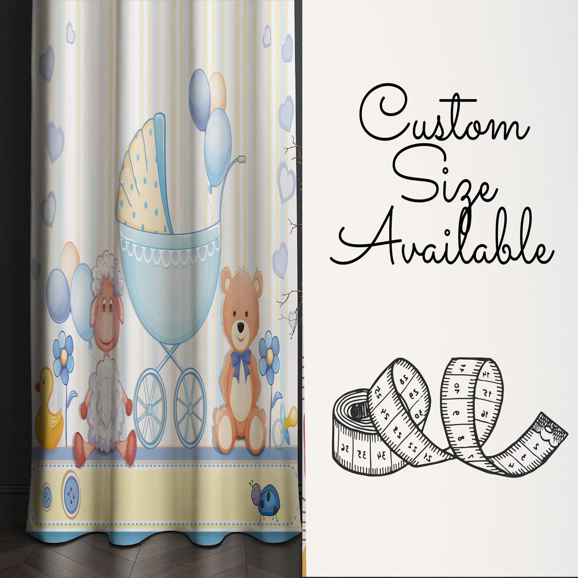 Nursery Curtains with Cute Blue Ship Lamb Bear Animals – Custom Kids Room Drapes, Boys Baby Room Decor with Gift Pillow Covers