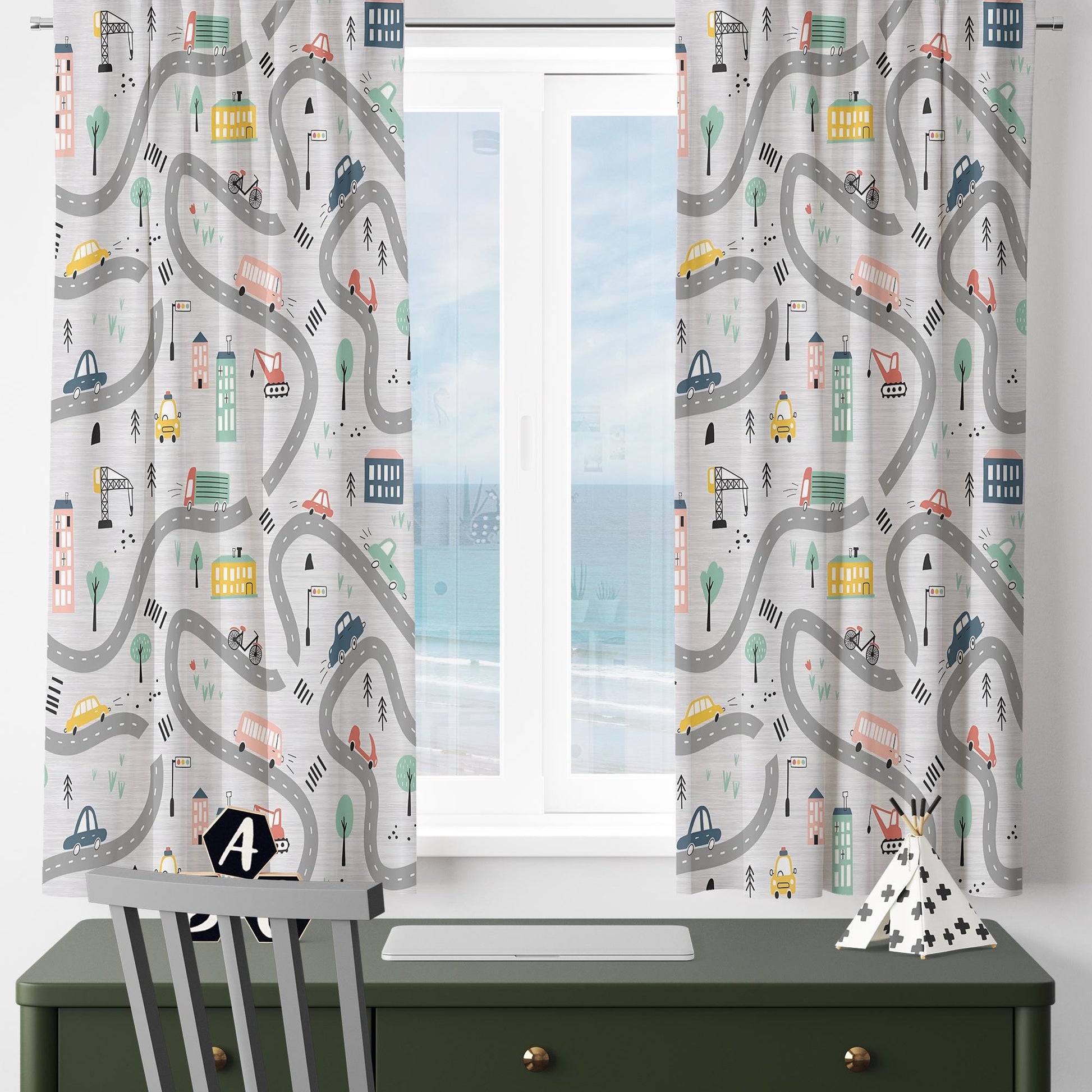 Gray Car City Road Map Nursery Curtains - Custom Size Kids Room Drapes & Pillow Covers, Toddler Room Decor, City Road Theme Gift