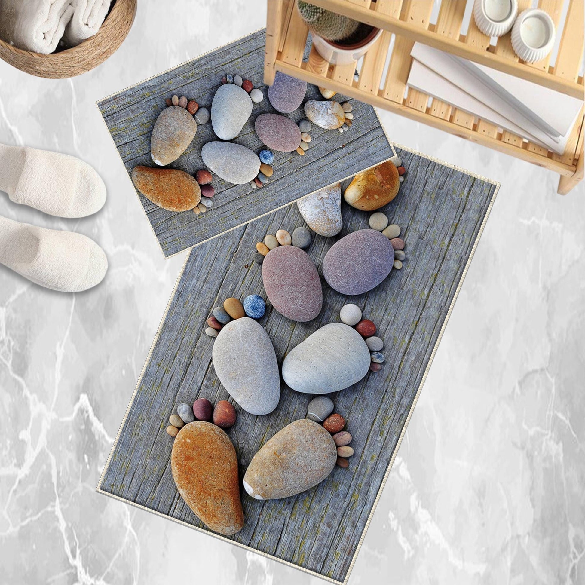 Gray Foot Stones Bathroom Rug - Non Slip Bath Mat, Quick Dry Washable Toilet Mat, Soft Modern Bathroom Decor