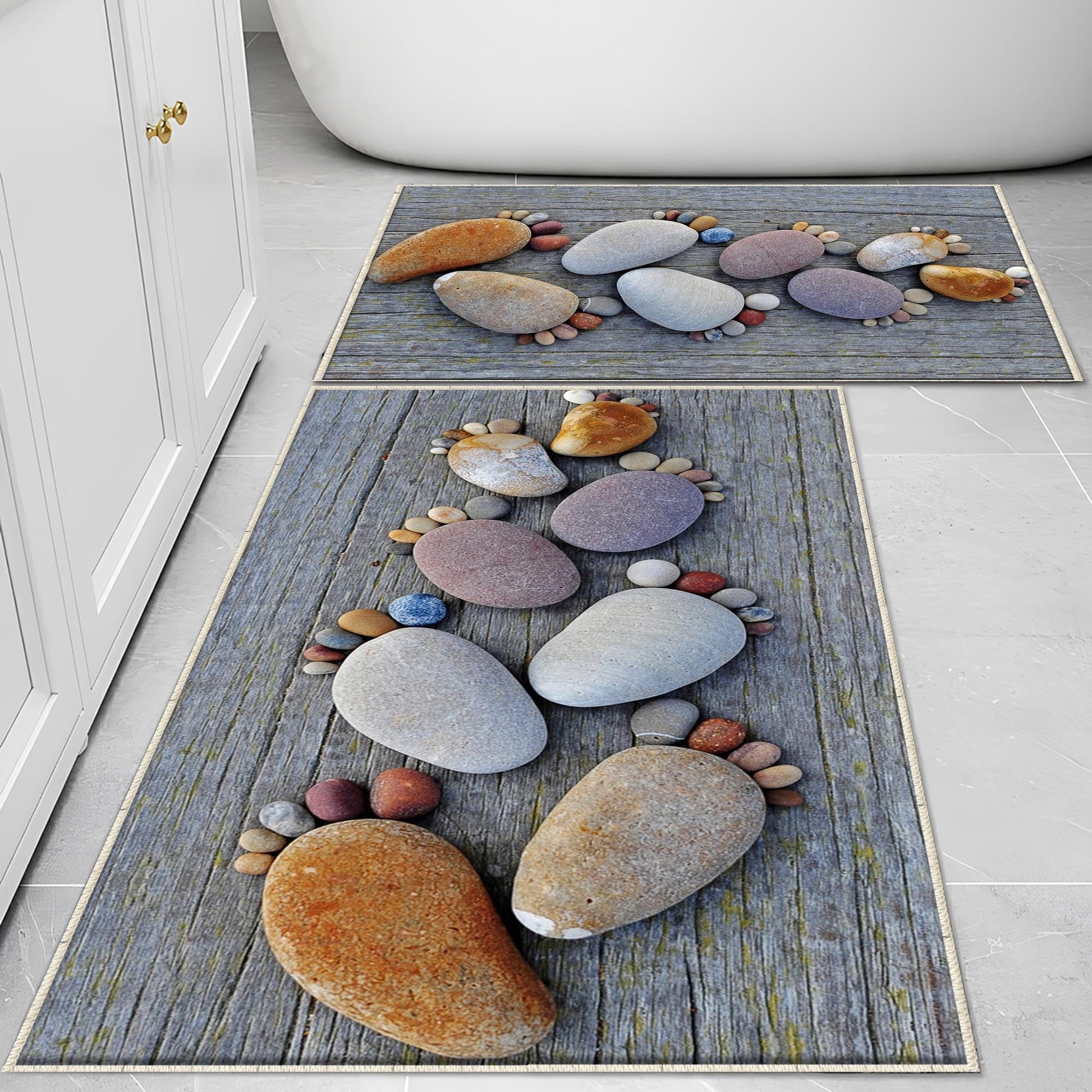 Gray Foot Stones Bathroom Rug - Non Slip Bath Mat, Quick Dry Washable Toilet Mat, Soft Modern Bathroom Decor